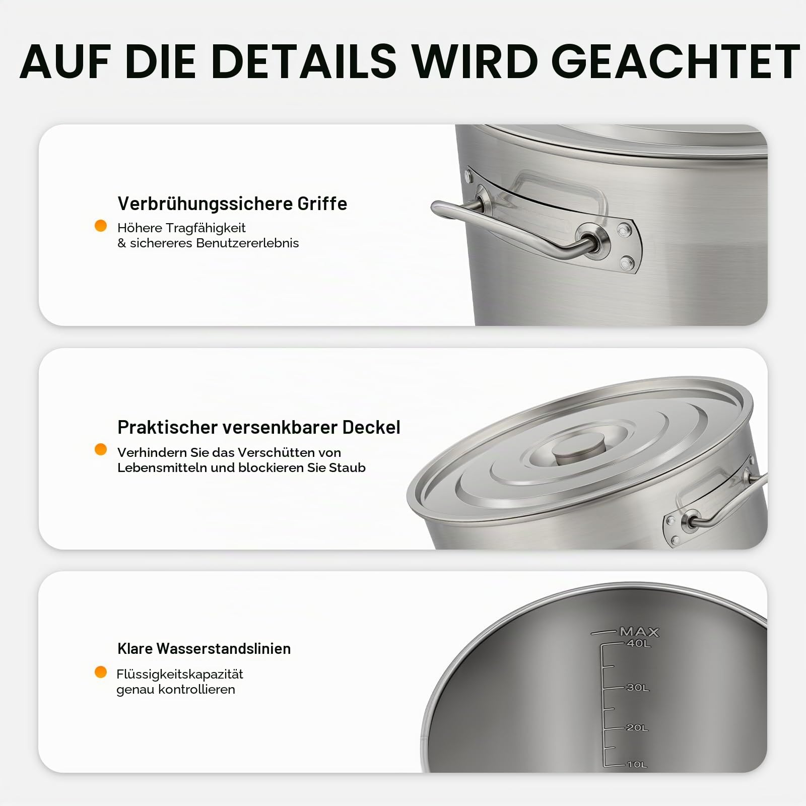 Edelstahl Eimer mit Deckel | 50L Edelstahleimer | Kücheneimer | Edelstahl Behälter mit deckel | Milcheimer Suppentöpfe für Küche, Industrie, Gastronomie & Haushalt