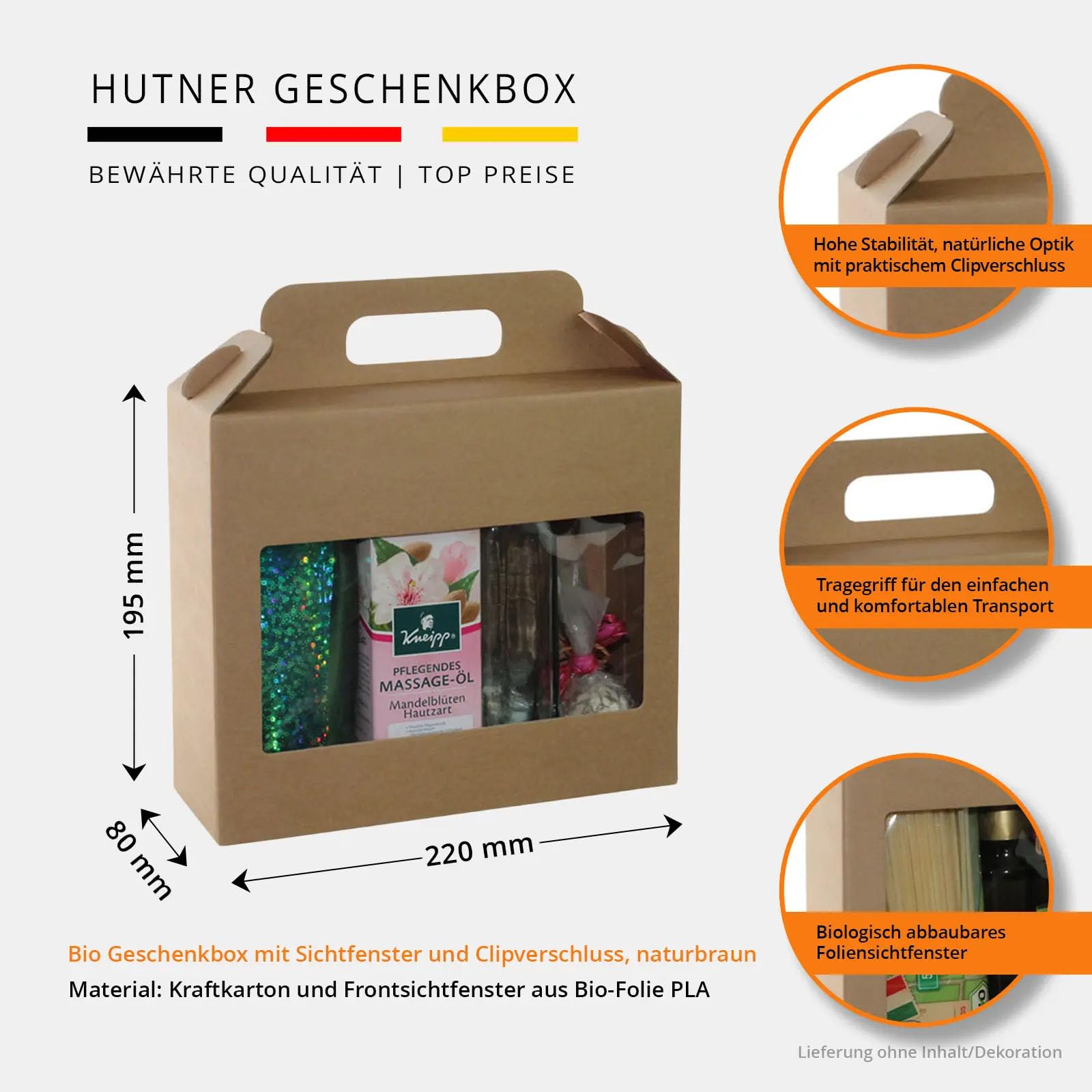 Geschenkbox mit Tragegriff aus Kraftpapier Braun, 30 Stück, 220 x 195 x 80 mm, mit Sichtfenster, Geschenkschachtel, Geschenkverpackung für Präsente, Backwaren, DIY und Mitbringsel