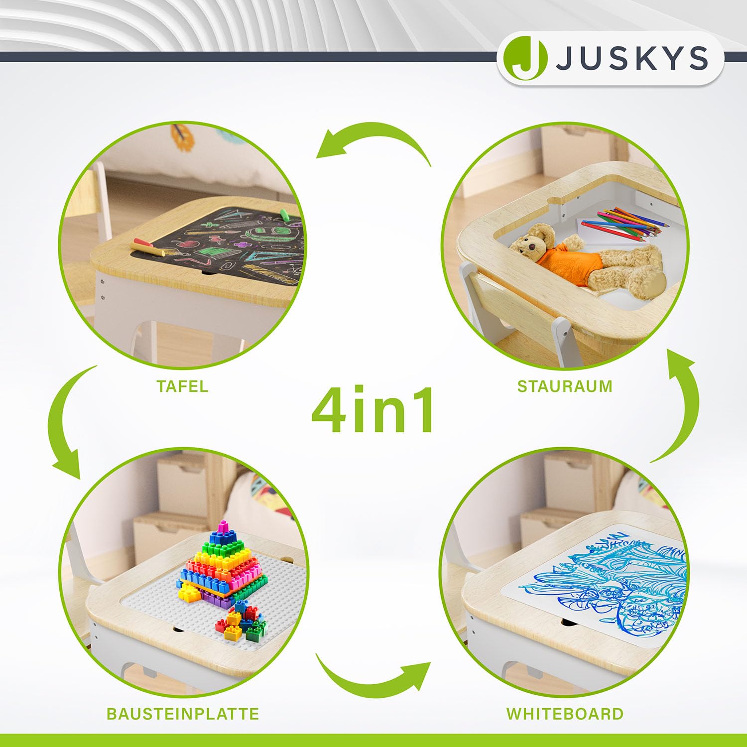 Juskys Kindersitzgruppe Milou - Set mit 2 Stühlen & 1 Tisch - Kindertisch Holz - Spieltisch mit Stauraum - Sitzgruppe für Kinder, Maltisch - Natur