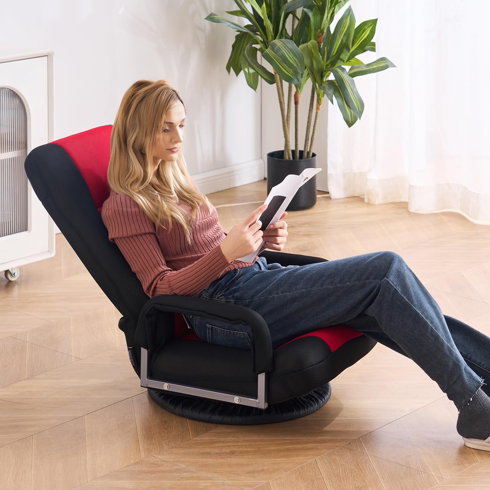 Chaise de sol pivotante à 360° avec accoudoirs, fauteuil de sol avec dossier pliable à 6 positions réglables et support lombaire, canapé inclinable pour regarder la télévision, rouge et noir | FR