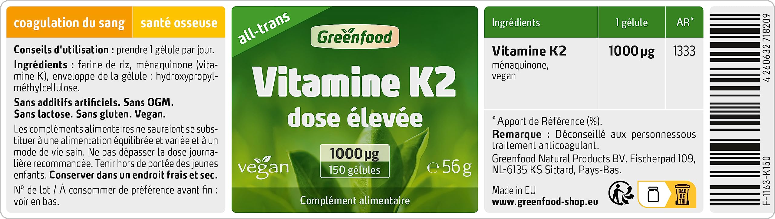 Greenfood Vitamine K2 (MK7, all-trans), 1000 μg, dose élevée, 150 gélules – pour la santé des os et la coagulation du sang. SANS additifs artificiels. Sans organisme génétiquement modifié. Vegan