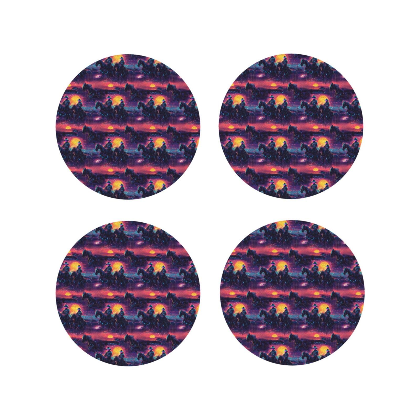 Leather Coasters Set of 4 - Cyber ​​Sunset Western Cowboy Print Lightweight Drink Coasters for Desk