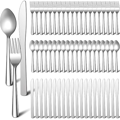 BBTO 100 Pcs Silverware Set for 33 Stainless Steel Flatware kit Mirror Polished Kitchen Utensils Cutlery Set with Square Edge Include 33 Spoon and Knife 34 Fork Tableware for Home, Dishwasher Safe