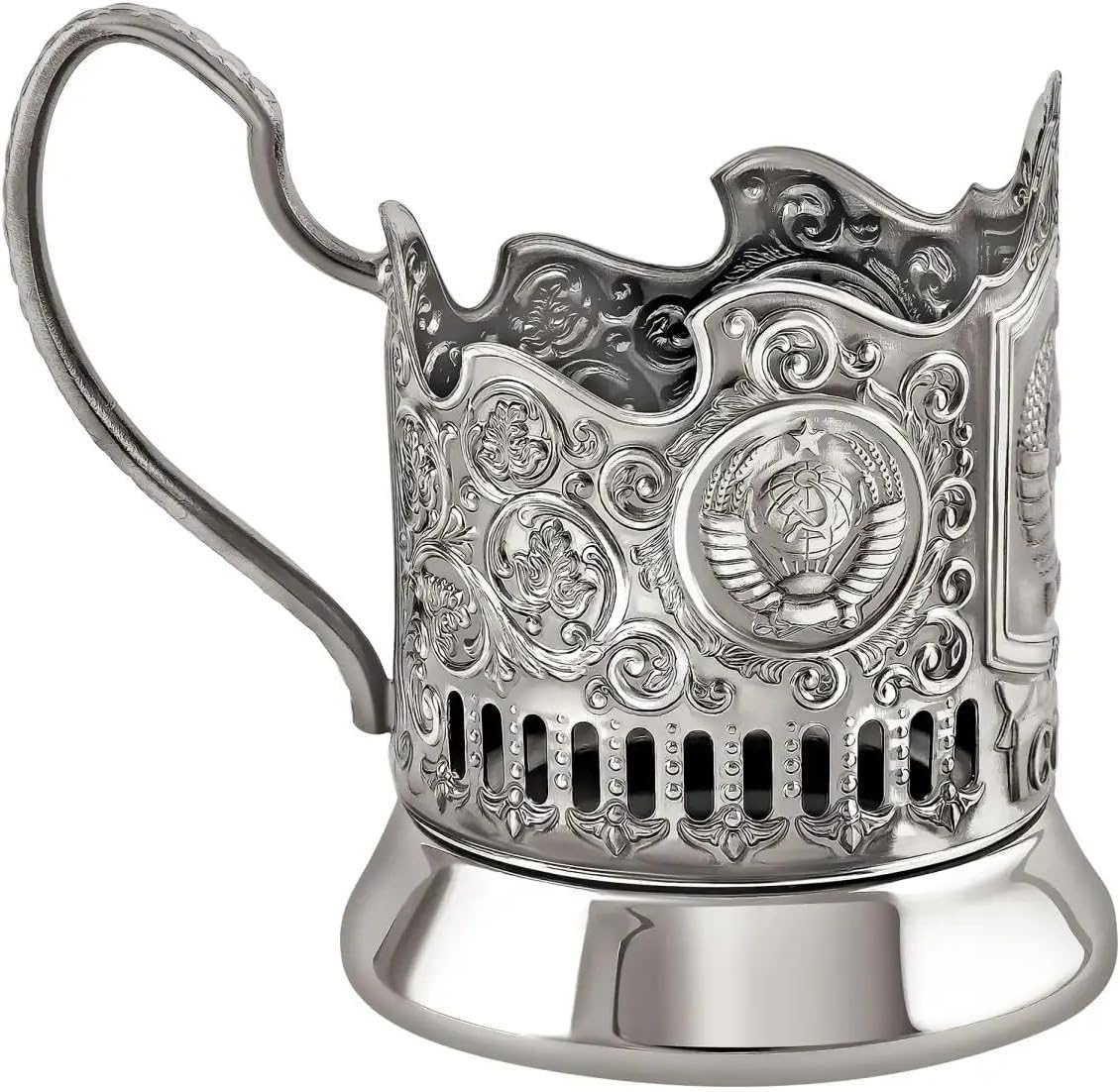 USSR Soviet Union Coat of Arms Classic Russian Tea Glass Brass Nickel-Plated Holder Podstakannik by Kolchugino Metal Works