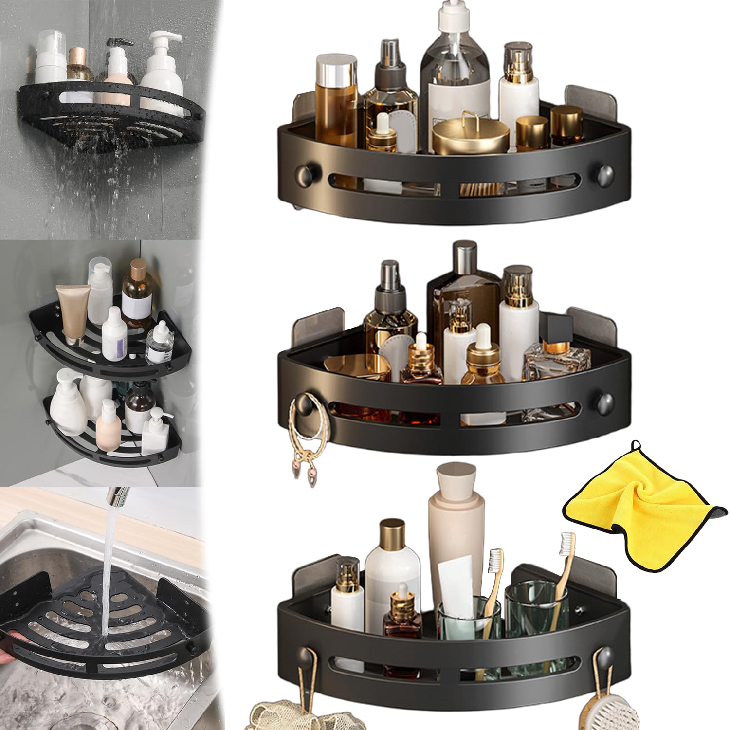 3-Pack Black Triangle Shower Caddy Bathroom Triangle Shelf 3-Tier Corner Shelves Shower Storage Rack Drill Free Wall Mountshower