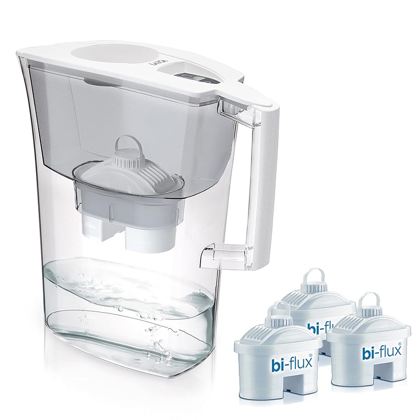 LAICA Prime Line Caraffa Filtrante - Grande Capacità di 3L - Bianca - Timer Digitale - 3 Filtro bi-flux Inclusi, Preserva i Sali Minerali Utili all'Organismo e Riduce Cloro - Made in Italy