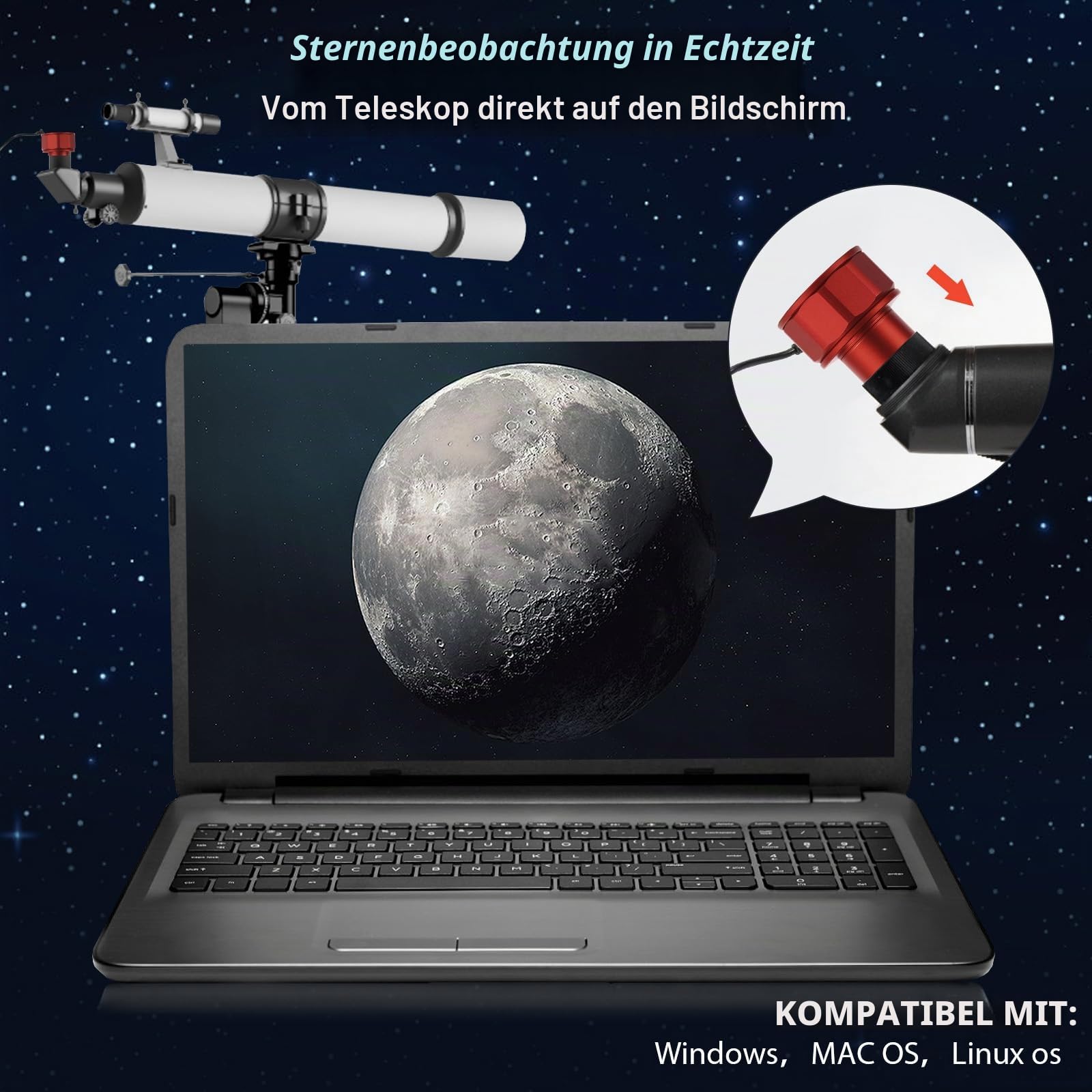 Teleskop Kamera 4K 8MP Astrofotografie Kamera - 1,25 Zoll Teleskop Elektronische Okularkamera mit IR Filter, Plug & Play für Astronomie, Planetenbildgebung, Kompatibel mit Windows/Mac/Linux