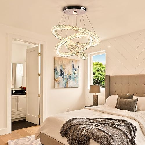 Miniatura 7 de CXGLEAMING Candelabros modernos de 19.7 pulgadas, lámpara de techo de cristal, 3 anillos, regulable, lámpara colgante de techo para sala de estar,