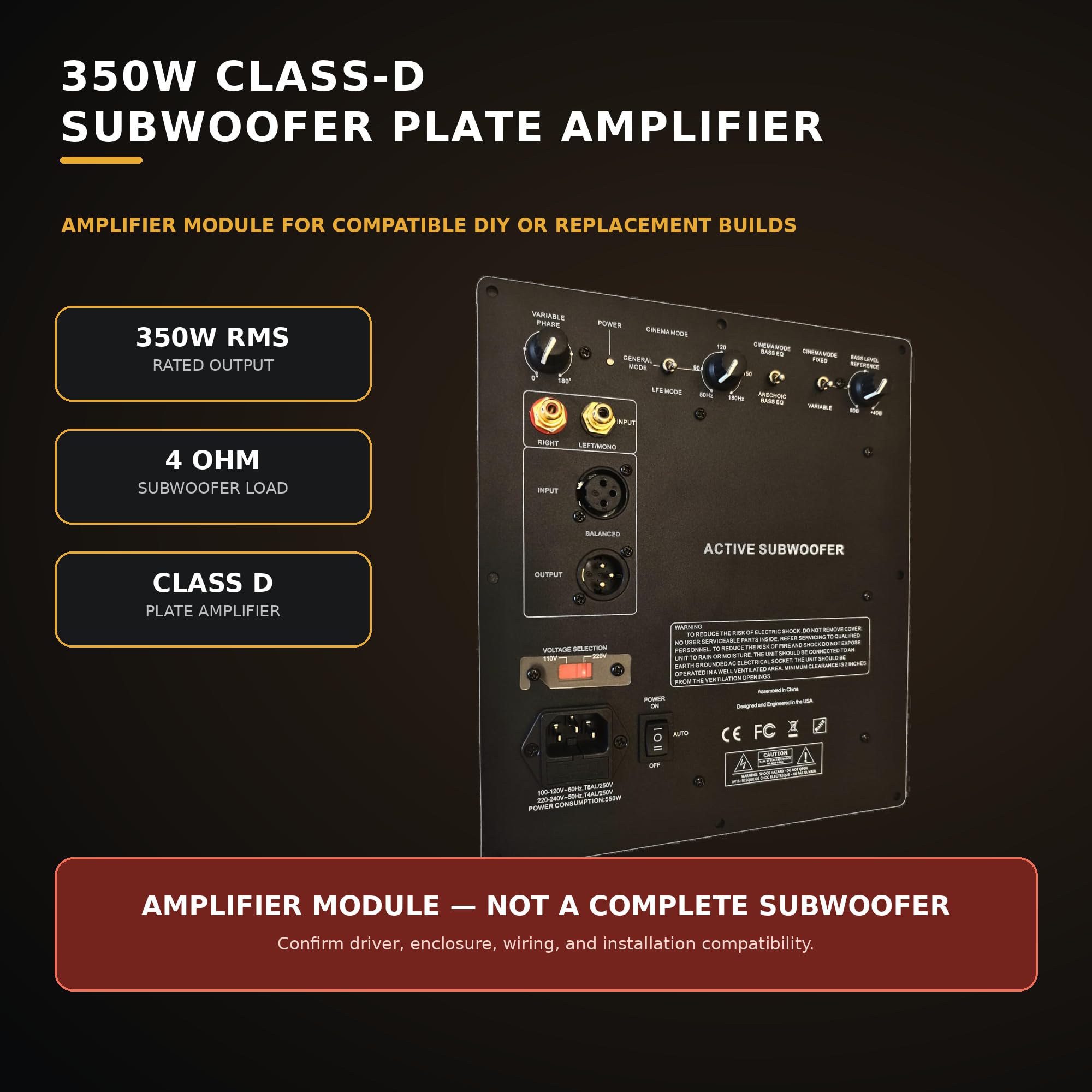 WAudio Amplificador de subwoofer clase D de 350 W – Amplificador de alto rendimiento para subwoofer