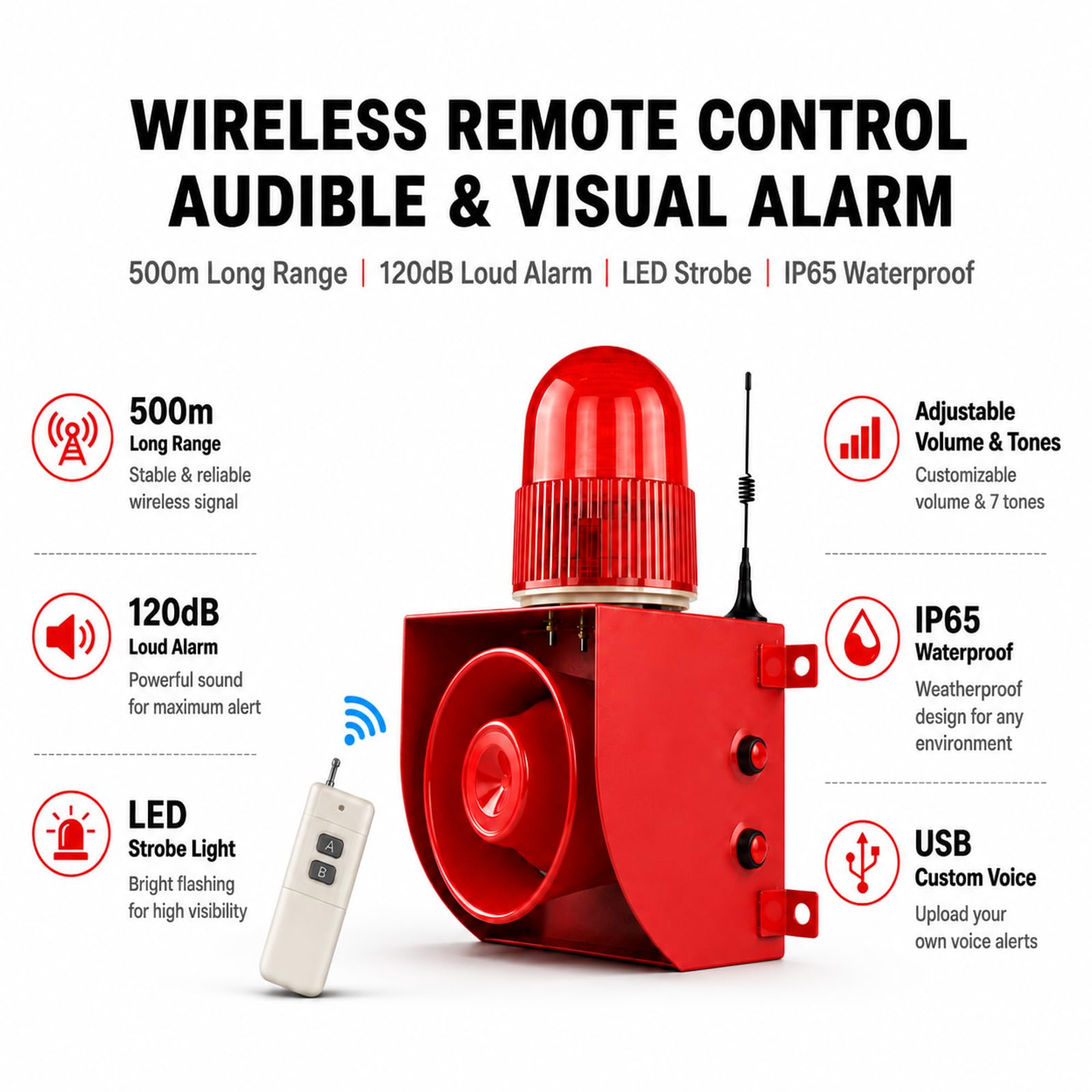 Sirena Impermeable Exterior, 500m Mando A Distancia Alarma 120dB Machine+3RemoteControl | Volumen 0-120dB Ajustable, LED Estroboscópico, IP65, Reemplazo De Voz USB, Montaje En Pared Sencillo, Para Talleres