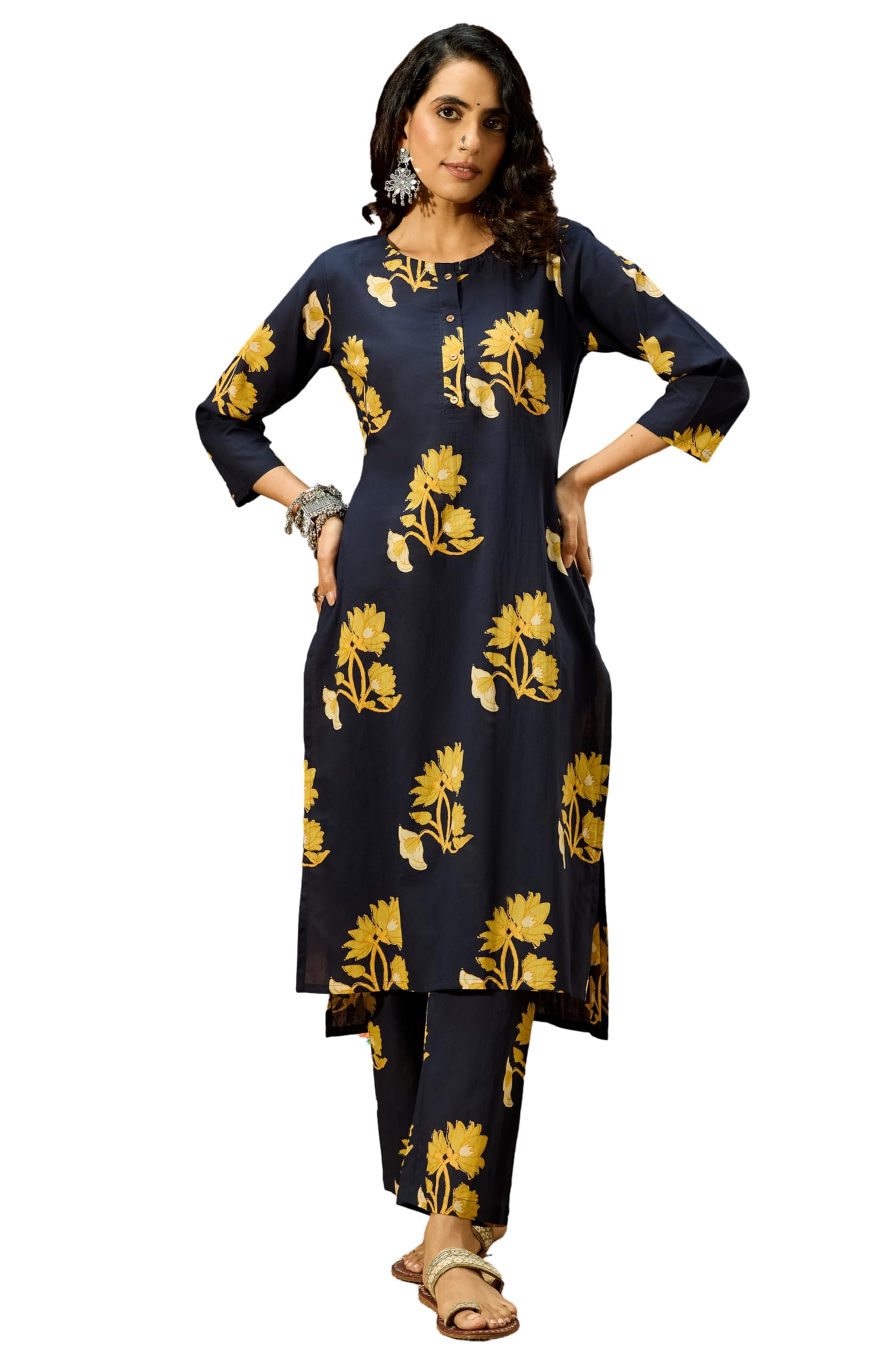 Jack & Jones Women's Navy Blue Pure Cotton Floral Printed Straight Co-ord Set in navy