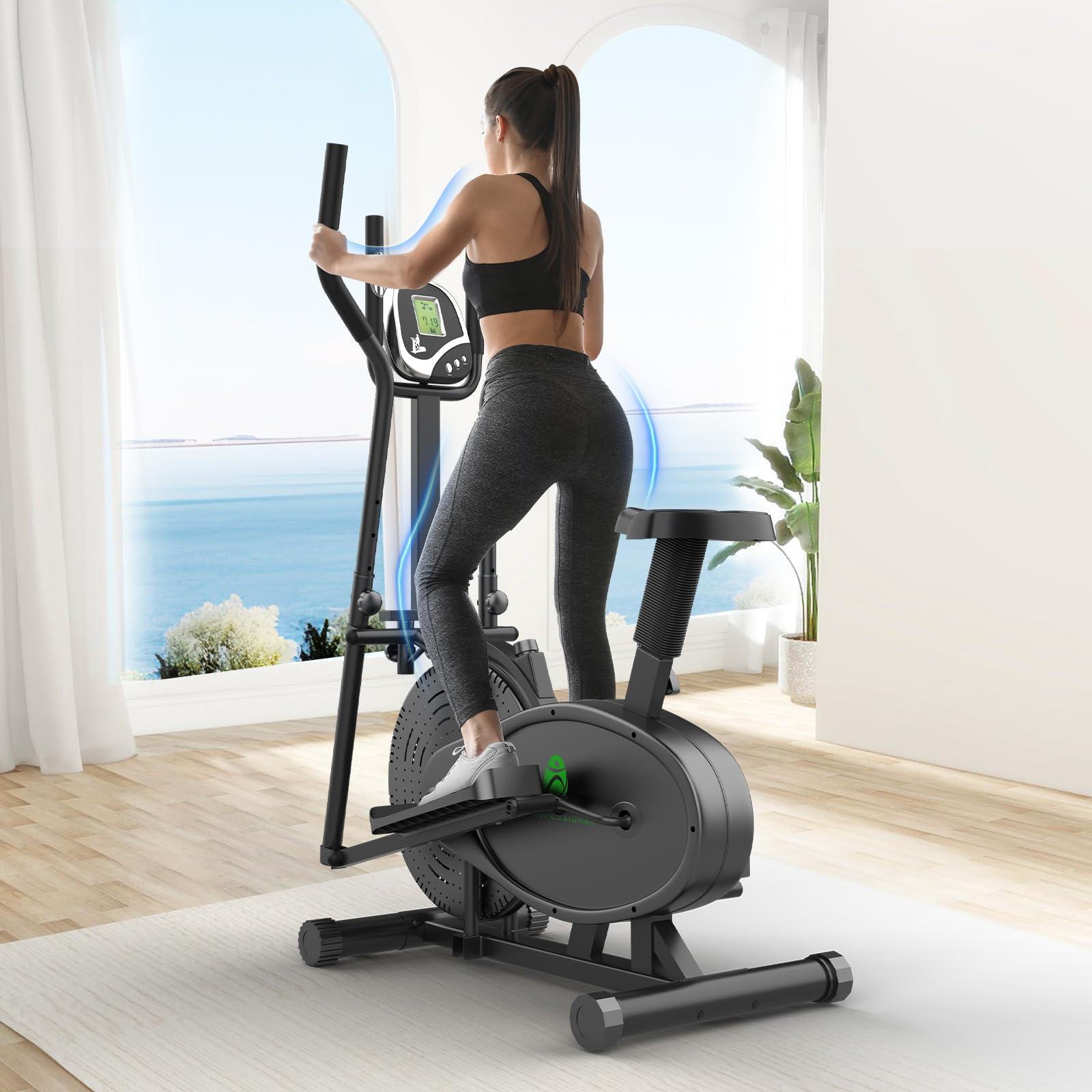 Yonisee 2 in 1 Crosstrainer für Zuhause, Ellipsentrainer mit Ergonomischem Sitzpolster, Einstellbarem Widerstand, LCD-Monitor, Herzfrequenzsensor, Aerobic Crosstrainer Stepper