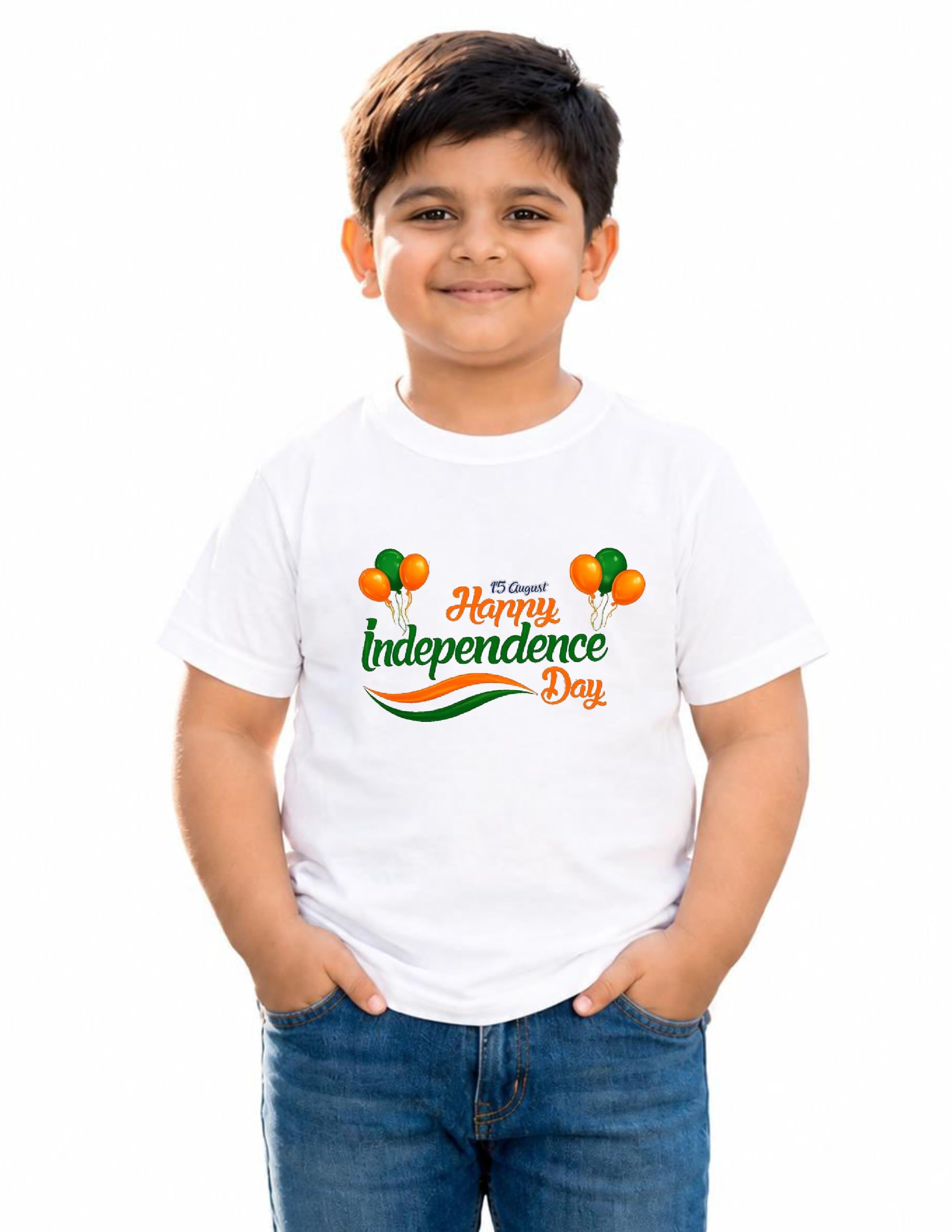 Kids Happy Independence Day Kids T-Shirt | 15th August Printed T-Shirt for Boys & Girls | Tricolor-Rainbow Graphic Cotton Half Sleeve Round Neck Tee | Independence Day Outfit | White-image-7