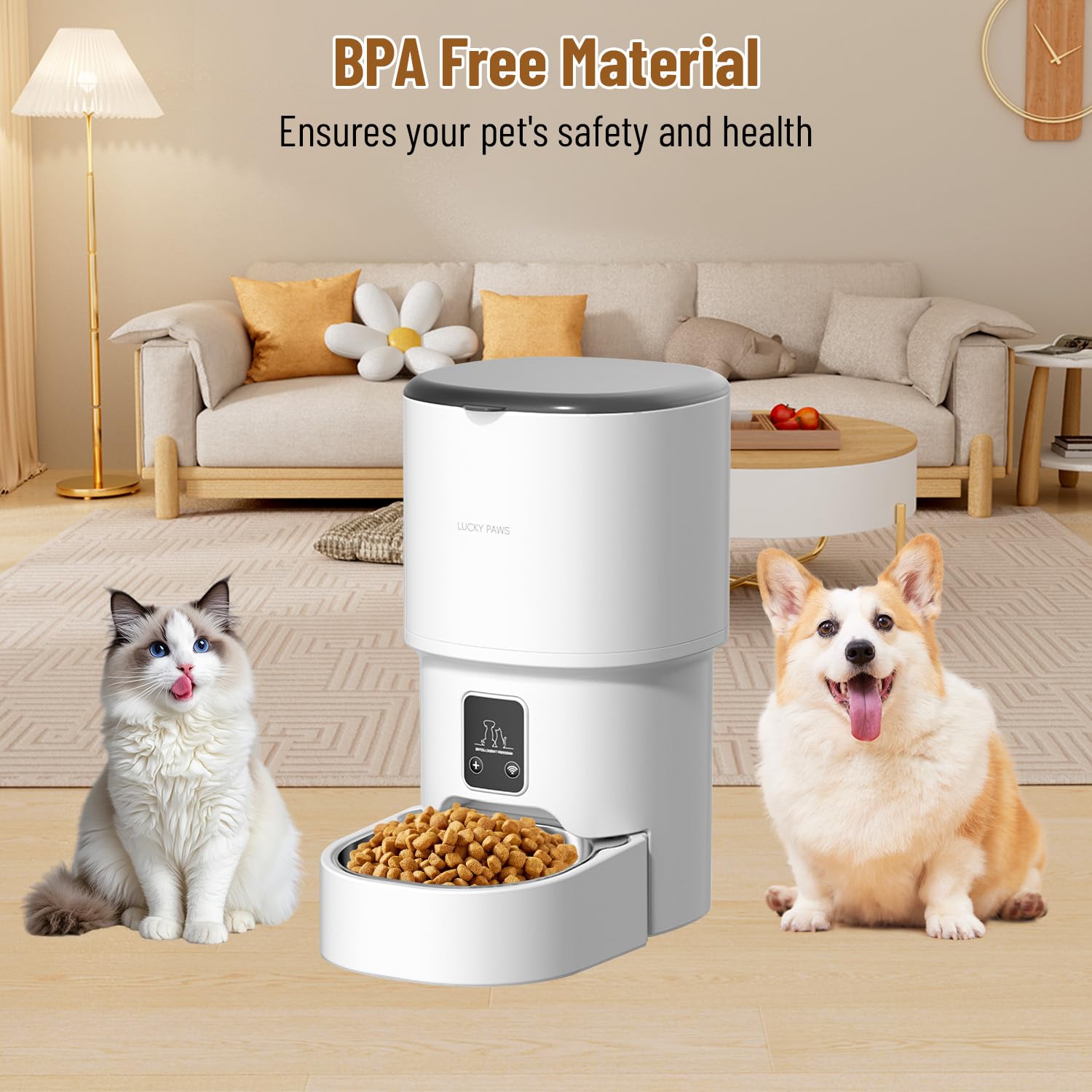 Dispensador Automático de Comida para Gatos y Perros 4L, Programable 1-6 Raciones al Día, Comedero Inteligente con Temporizador, Tolva de Gran Capacidad y Cuenco de Acero Inoxidable (Blanco- WiFi- 4L)
