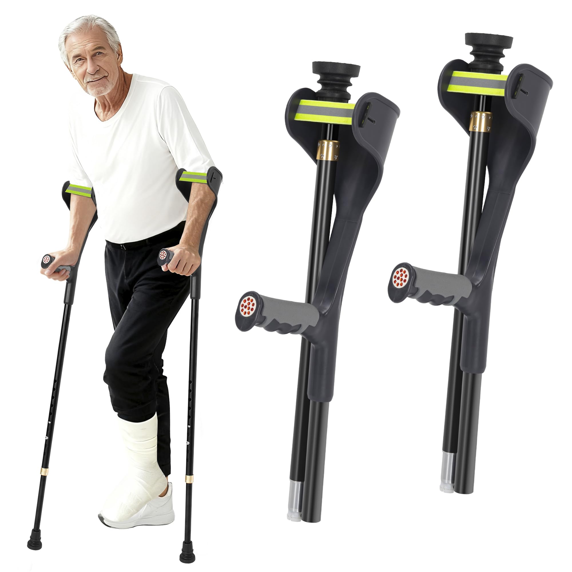 Muletas plegables para antebrazo para adultos (juego de 2) con patas de goma antideslizantes | Muletas de codo ajustables y ligeras con puños, muletas de viaje, ayudas para movilidad y caminar, color negro