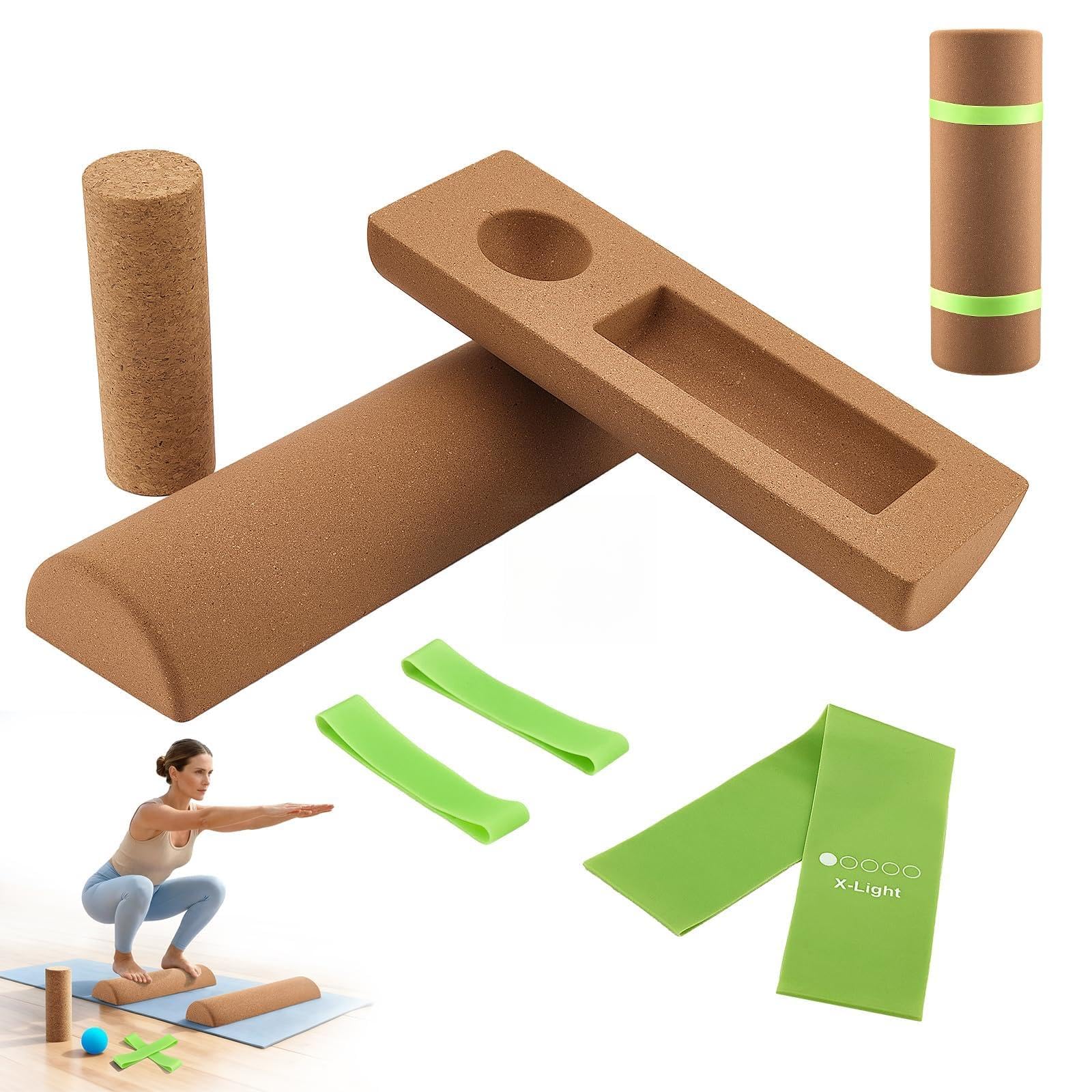 Cork Balance Board 4-in-1 Set for Adults, Natural Wobble Board with Weight Blocks & Massage Roller | Ankle Stability Trainer for Foot Strength & Home Physio | Adult Balance Training Equipment