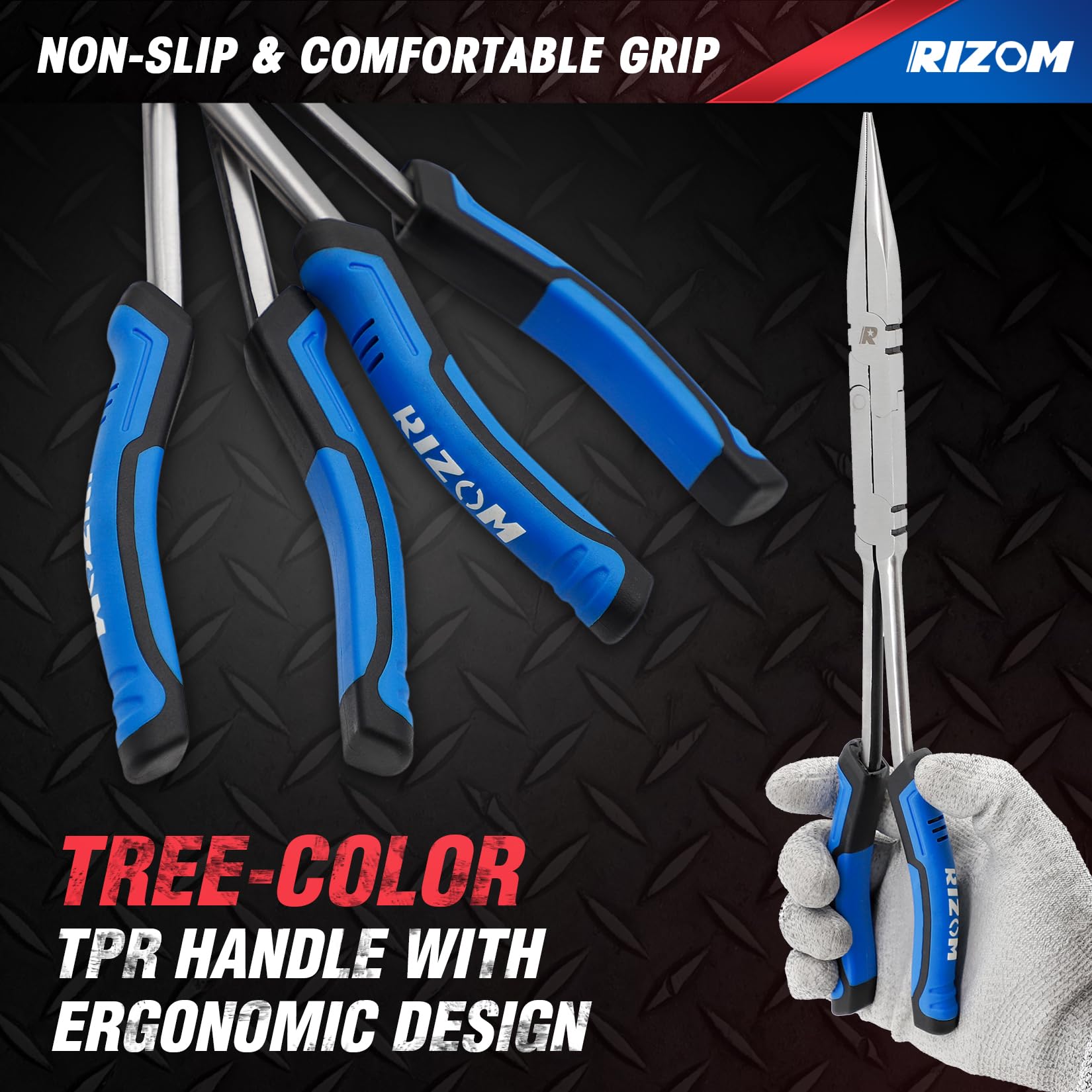 Rizom Set di 3 pinze a lunga portata, pinze a becco lungo a doppio snodo, 33 cm, pinze a becchi piegati a 45° e 90° per spazi stretti e aree limitate