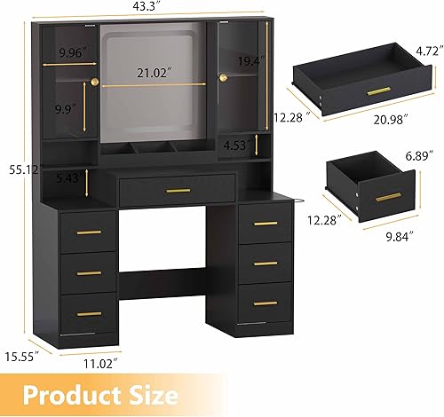 Miniatura 7 de Tocador de maquillaje negro con espejo y luces, mesa de tocador moderna con estación de carga, 7 cajones, gabinete de vidrio, estanterías y taburete