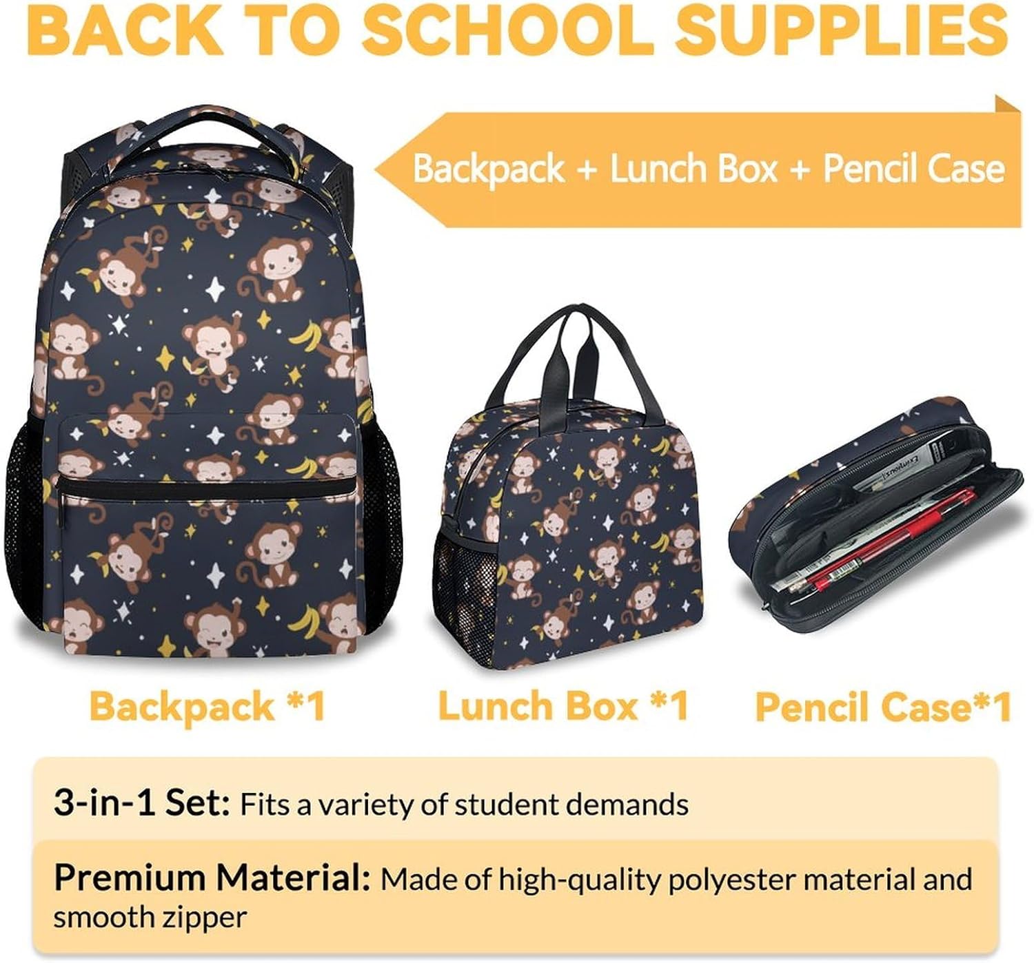 Backpack with Lunch Box Set, 3Pcs Cartoon Monkey Backpacks Matching Combo for Girls & Kids, Cute Black Bookbag and Pencil Pouch Bundle