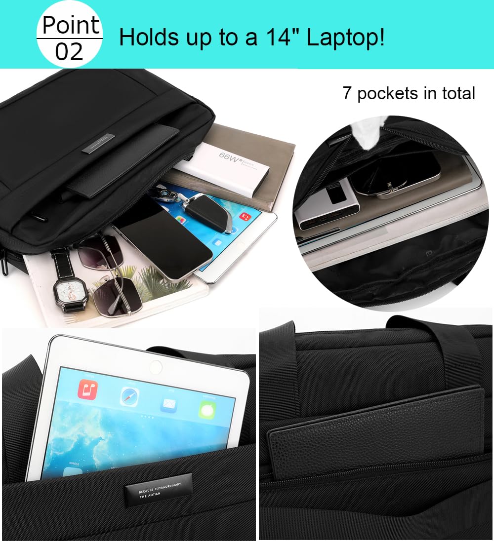 zhongningyifeng Torba na laptopa 35.5 cm, aktówka dla mężczyzn i kobiet, wodoodporna, nylonowa, lekka, na ramię, do biura, pracy, podróży, na uczelnię, czarna, Czarny, 14 Inches