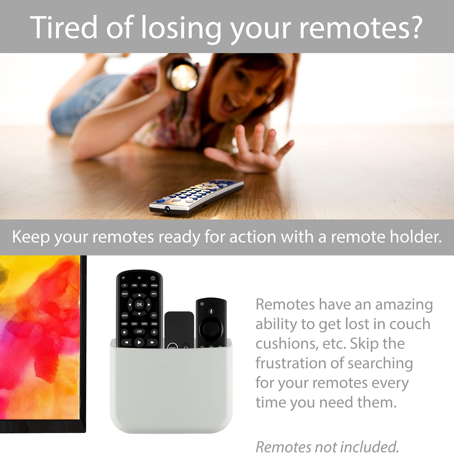 TotalMount Hole-Free Remote Holder – Eliminates Need to Drill Holes in Your Wall (for 2 or 3 Remote Controls – White – Quantity 1)