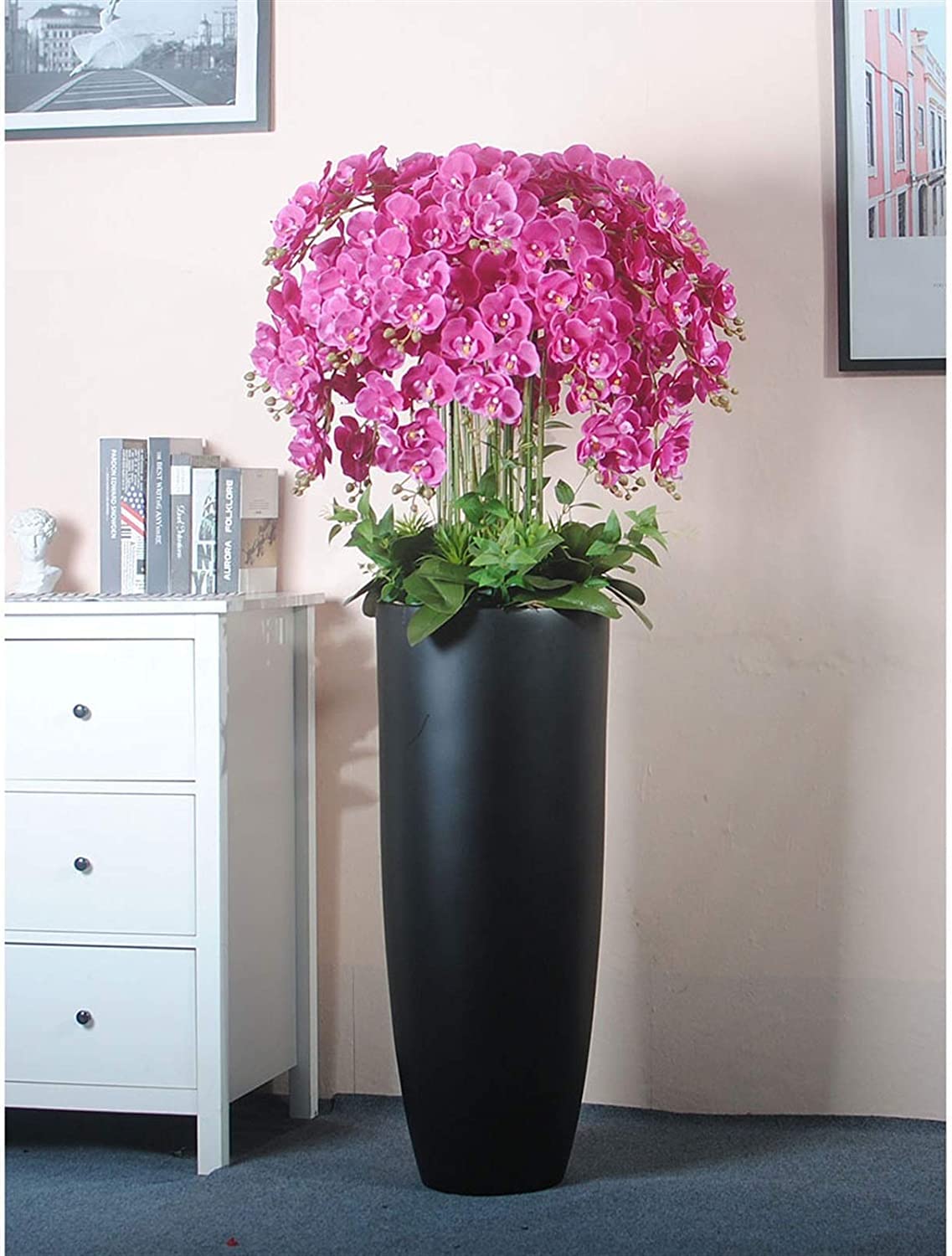 HRTC Ramo de arreglo de Flores de Phalaenopsis Artificiales Grandes con jarrón Negro, decoración de Flores Artificiales, orquídeas de imitación para Interiores