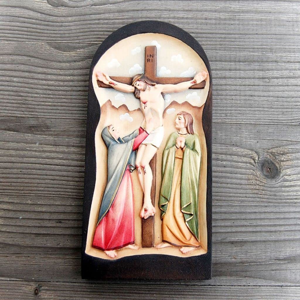 Crucifijo de madera natural ChoralisWoodArt tallado a mano relieve de 32 cm