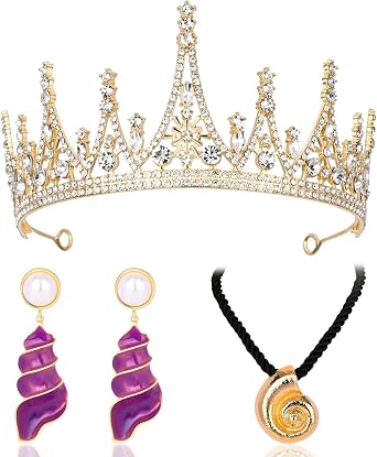 3 Pcs Halloween Costumes Accessories Set for Women Gold Crown Shell Necklace and Purple Seashell Earrings Sea Witch Cosplay Accessories for Halloween Party Dress up
