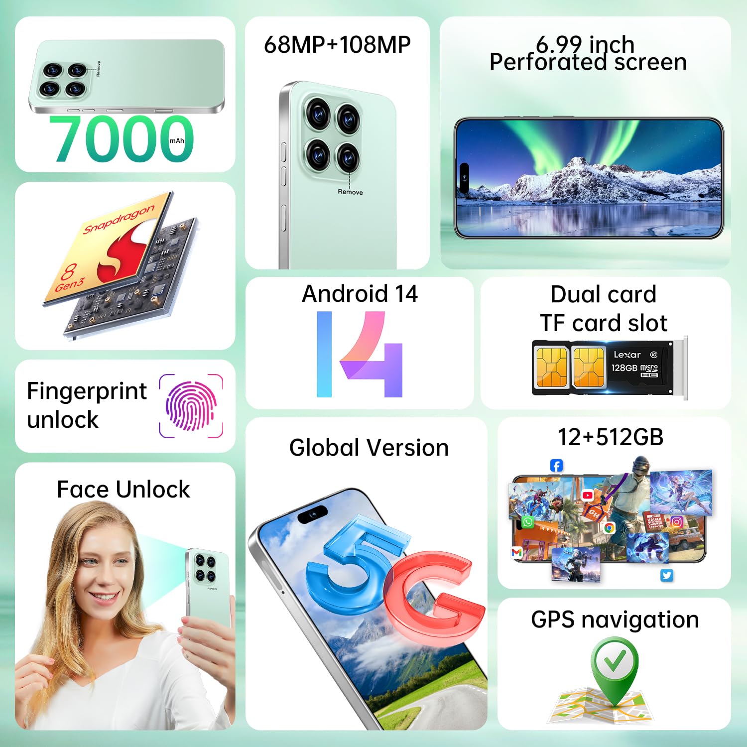 WWT 16PROMA X 12+512GB Smartphone Unlocked Cell Phone,6.99" HD Screen Android 14 Battery 7000mAh Unlocked Phone,Face ID/Fingerprint Button Unlock/Photos/Dual SIM/5G/GPS (Green)