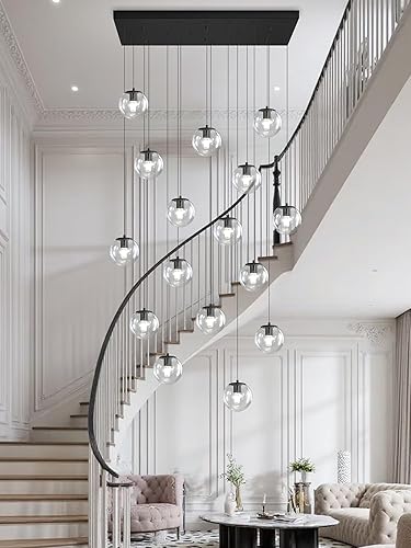 Miniatura 150 de Escalera LED de 10 luces LED moderna con globo de cristal, lámpara colgante grande para techos altos, accesorios de iluminación de entrada, villas y