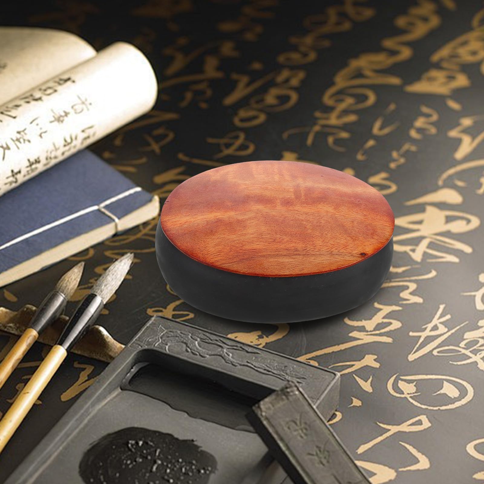 Tragbarer Chinesischer Retro Tuschstein mit Deckel Kleiner Kalligrafie Tintenplatte aus Verschleißfestem Inkstone und Holz für Künstlerische Kreation und Kalligrafie Übung