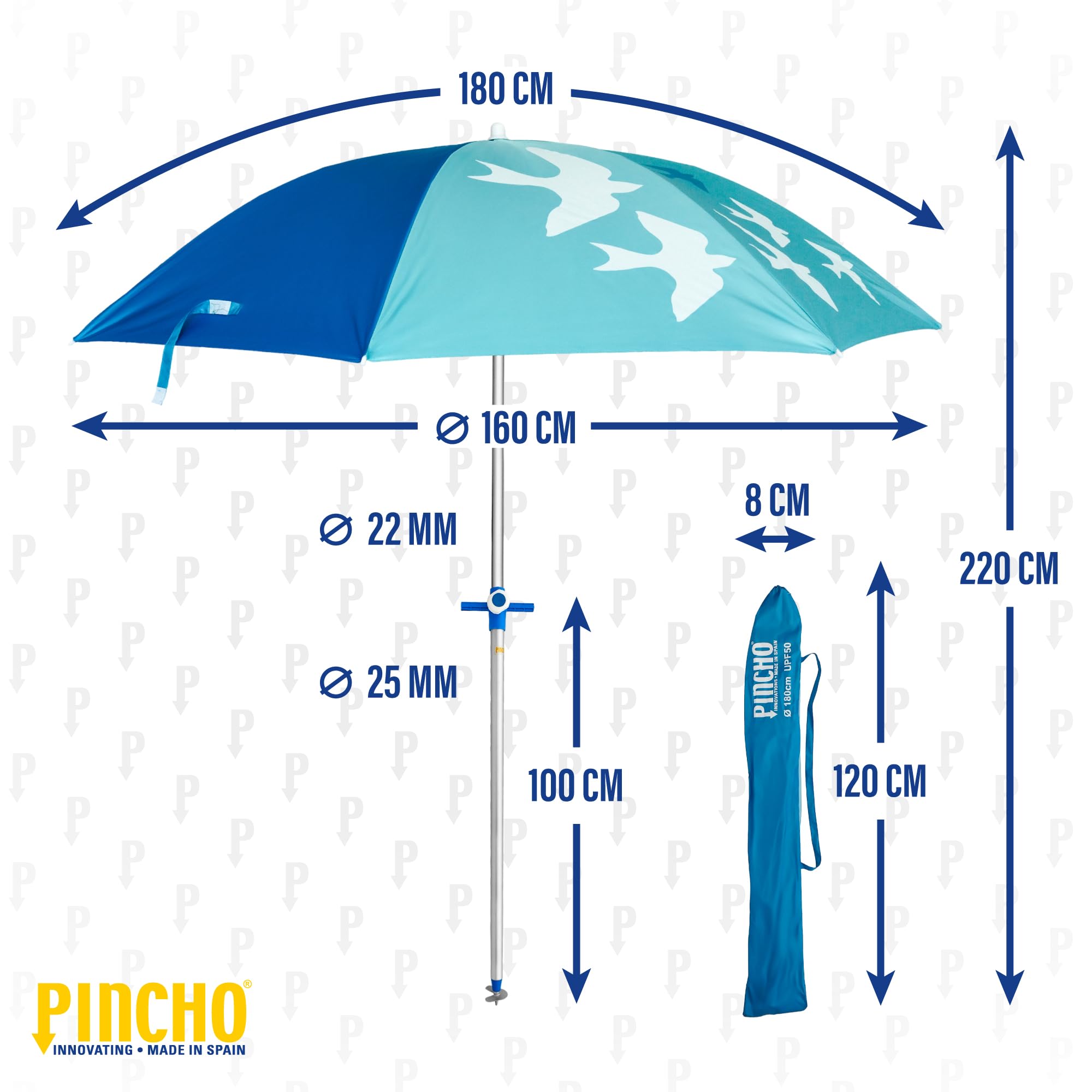 Pincho Ombrellone da spiaggia Ø180 cm Acciaio, tessuto poliestere con protezione UPF 50+, sistema, punta in alluminio e levetta, 8 aste in acciaio da 3 mm, reclinabile