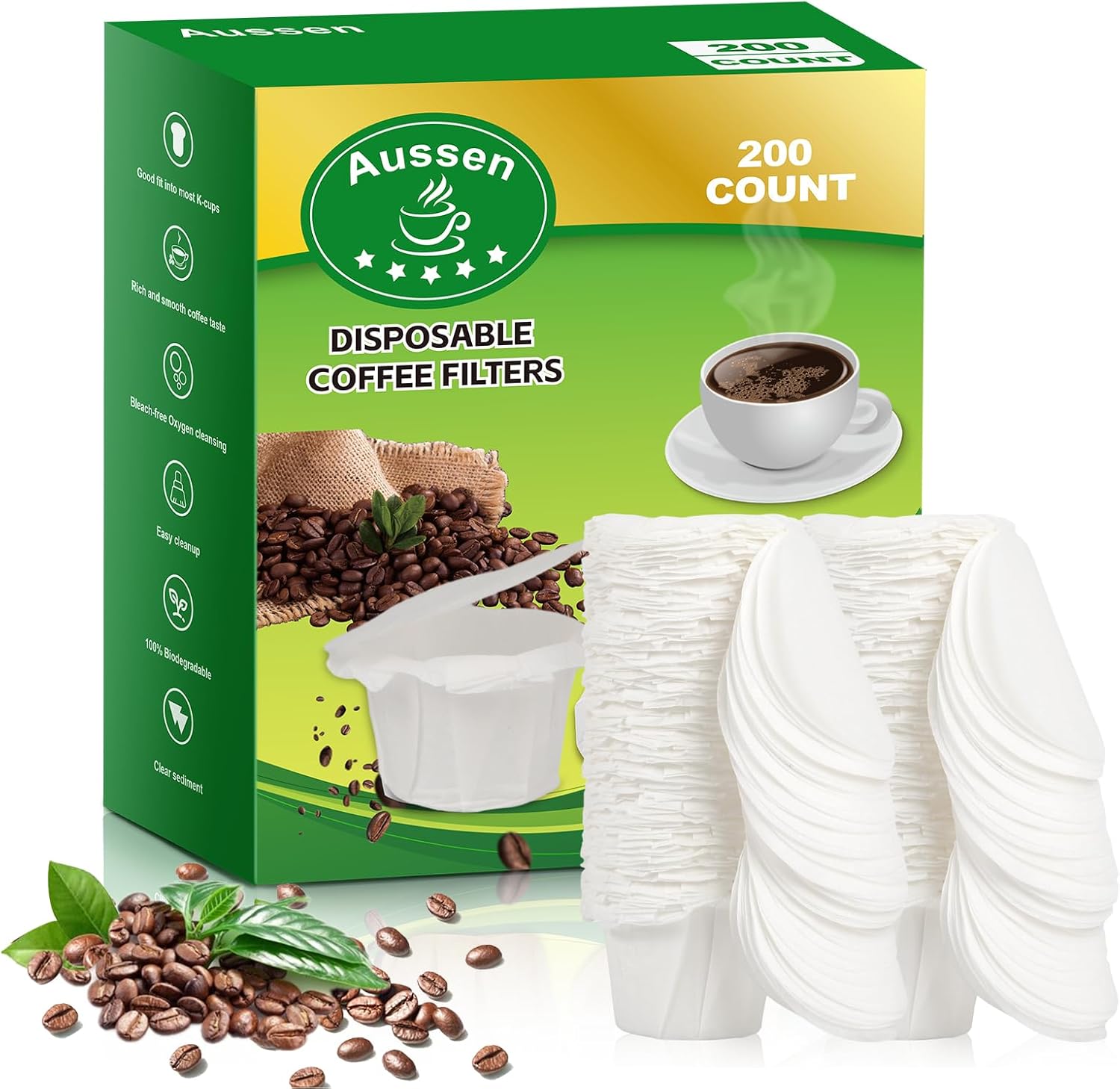 Aussen Disposable Coffee Paper Filters Replacement Kerig Filter Fit All Keurig Single Serve Filter Brands Compatible with Reusable Single Serve Pods Keurig Coffee Maker(200 count With Lid)