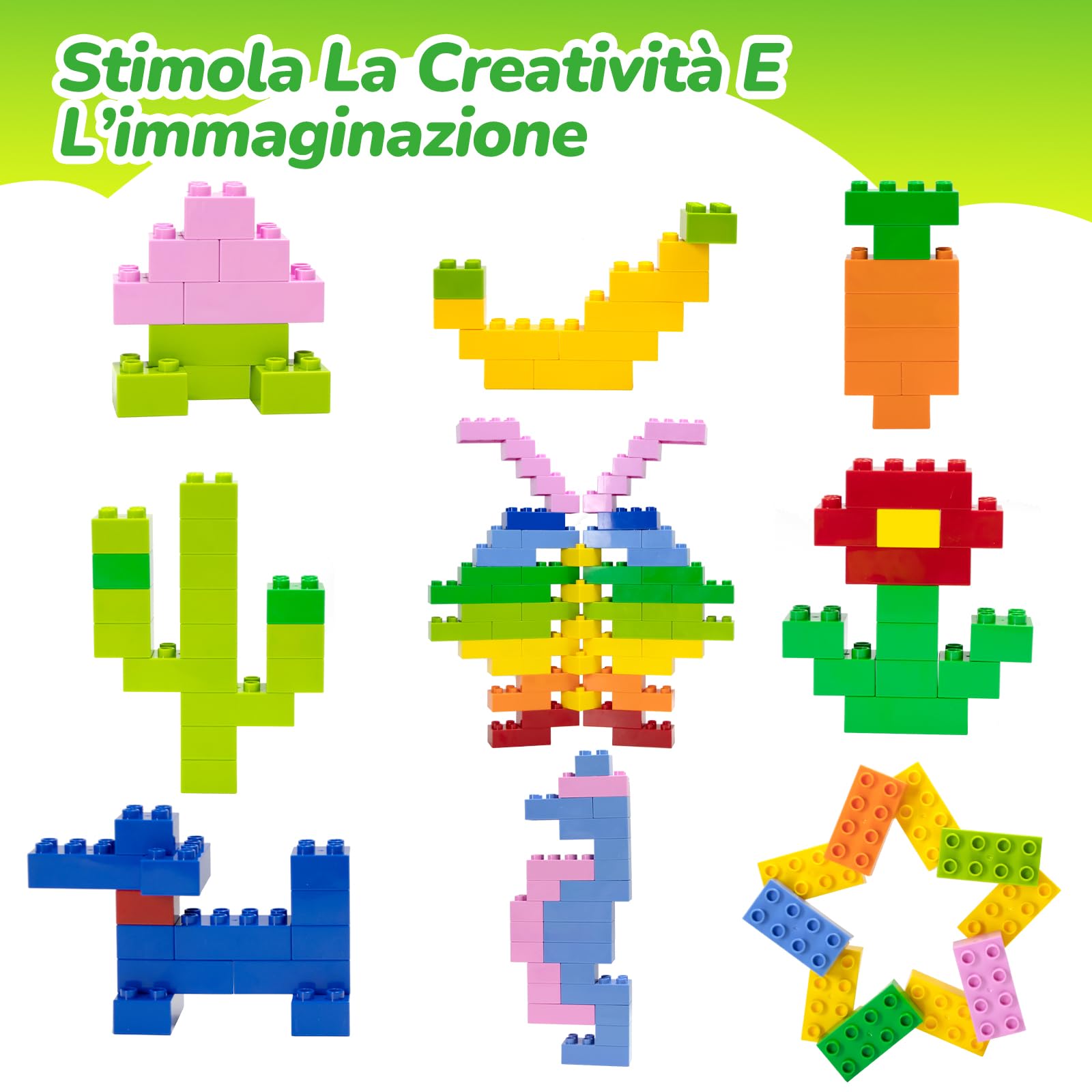 Set di 200 grandi mattoncini da costruzione, 2 forme e 8 colori, compatibili con Duplo e tutte le principali marche, giocattoli da costruzione colorati per bambini dai 3 anni in su