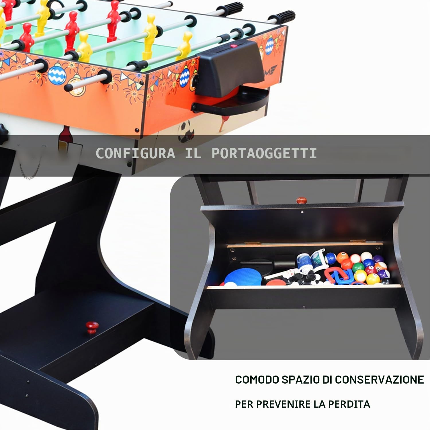 OYE 4FT 8 in 1 Gioco da tavolo pieghevole multifunzionale - Calcio balilla (calcetto)/Ping pong/Air hockey/Tavolo da biliardo, MDF