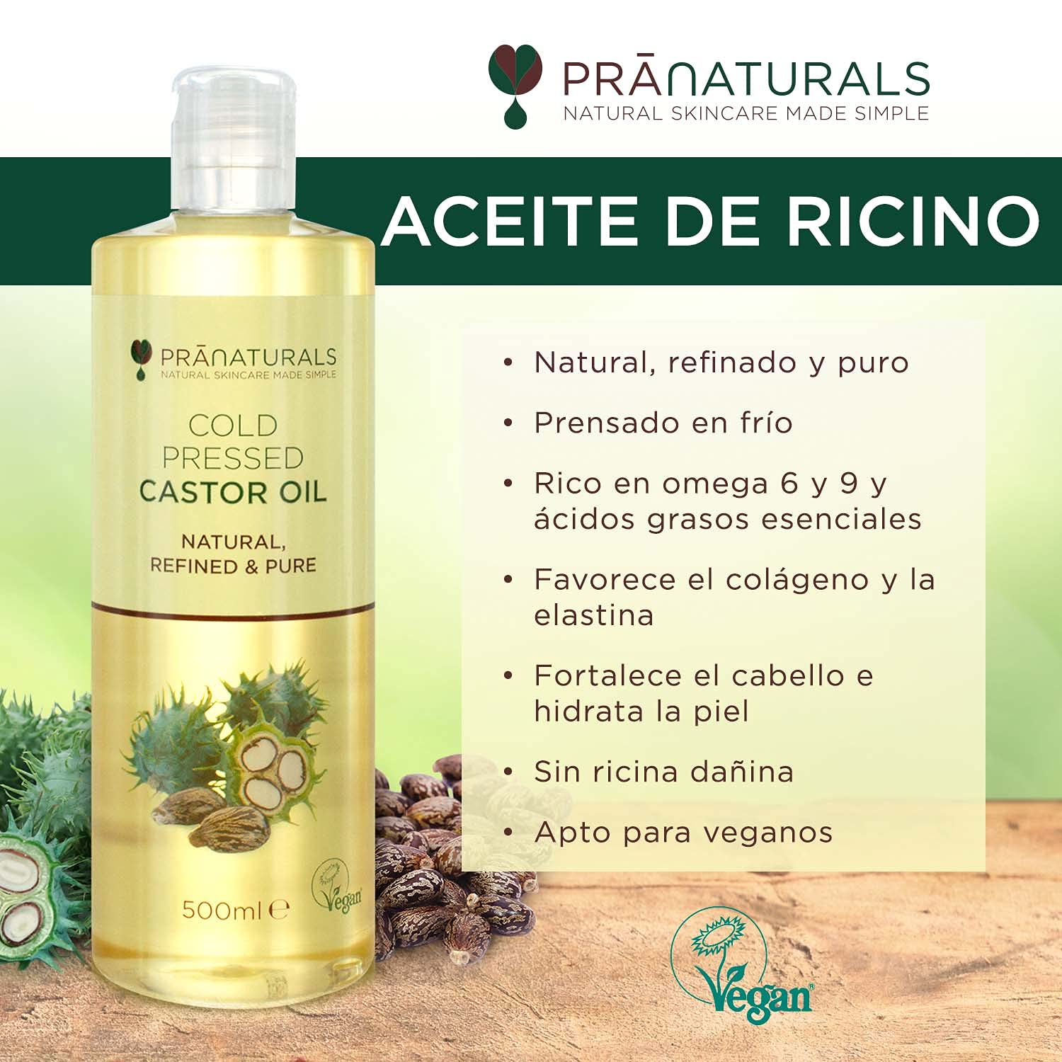 Aceite de ricino prensado en frío 500ml 100% vegano natural para crecimiento pelo pestañas piel suave omega 6 y 9