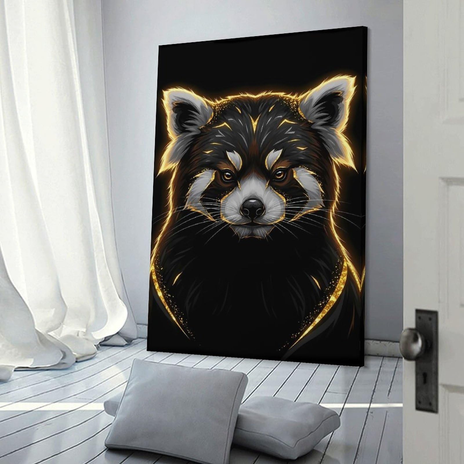 Junmoney Frame-Style-12 Glowing Red Panda Portrait On Black Canvas Wall Decor, 20X30inch(50X75cm), For Flats, Guest Rooms Or Compact Rooms, Decorative Canvas Decor For Home Updates