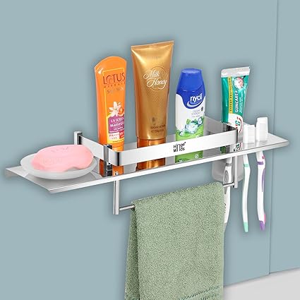 HingeMinds Stainless Steel Bathroom Shelf Organizer, 4 In 1 Wall mounted Multipurpose Rack, Hanging Shelves, Accessories And Fittings With Soap Dish, Towel Rod, Toothpaste And Toothbrush Holder Caddy.