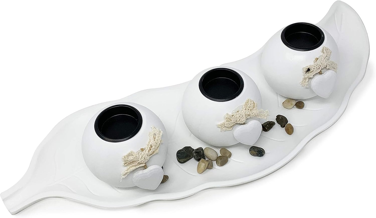 allgala HD90403 Wooden Candle Holder Tray 3 Ball Orbs Set Tealight Centerpiece with Pebbles on Leaf Tray for Coffee Table Dining Table Accents Bowl for Living Room Décor (Green)