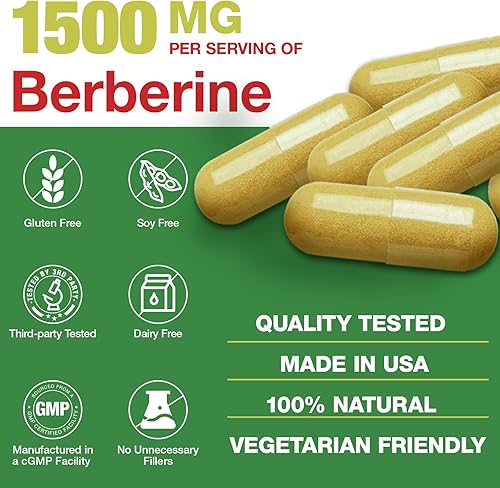 Miniatura 7 de Suplemento de berberina de 1500 mg  Berberina HCl de primera calidad 97% pureza Berberina más canela pura de Ceilán, sin OMG vegano 0507