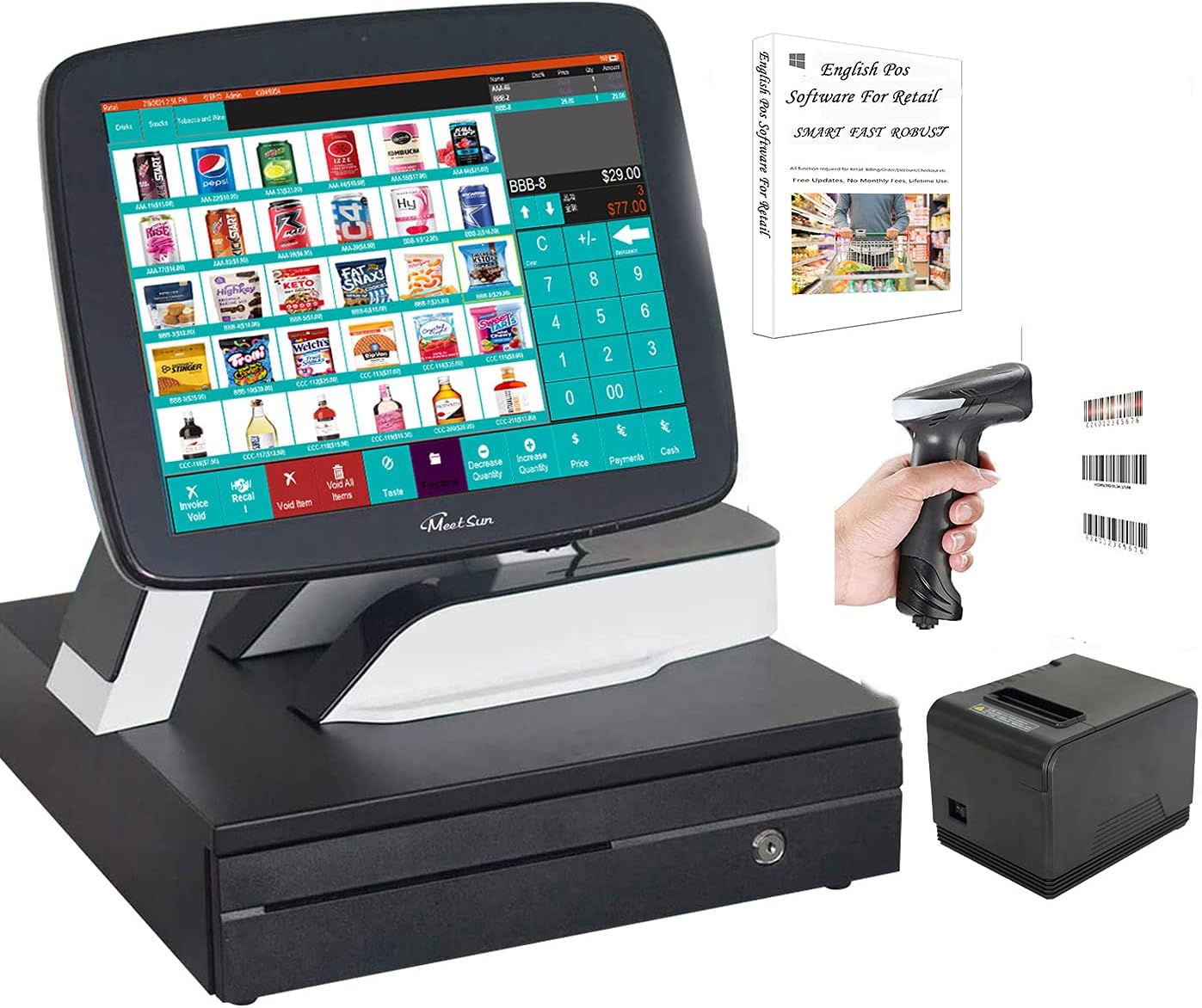 MEETSUN Cash Register POS with 15" Touch Screen, 11.6" Customer Display,Thermal Receipt Printer, Cash Drawer for Retail Stores SET01