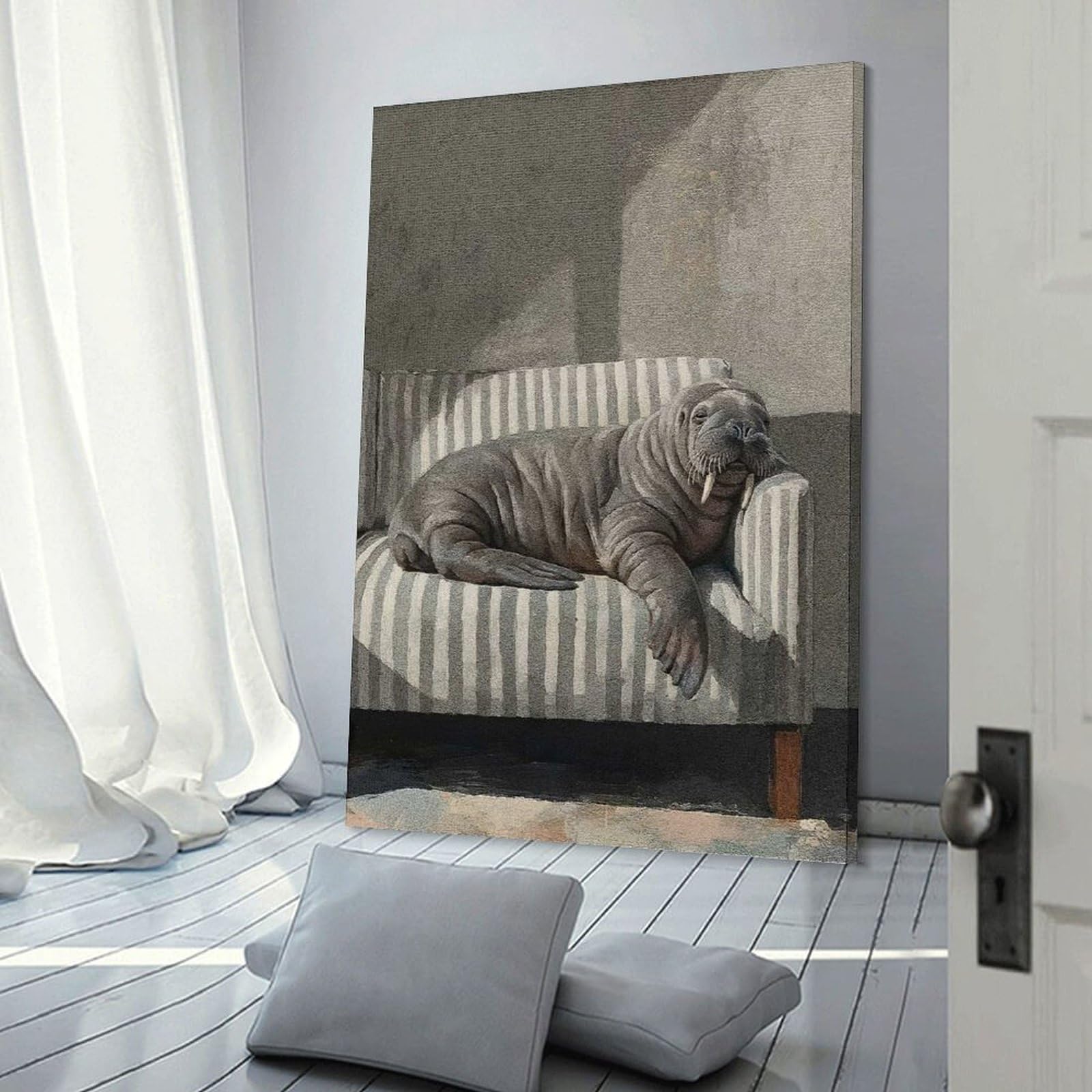 Junmoney Frame-Style-22 Walrus Resting On Striped Couch Wall Decor Canvas Print, 16X24inch(40X60cm), For Living Room, Lounge Or Sitting Room, Easy Decor For Gallery Walls