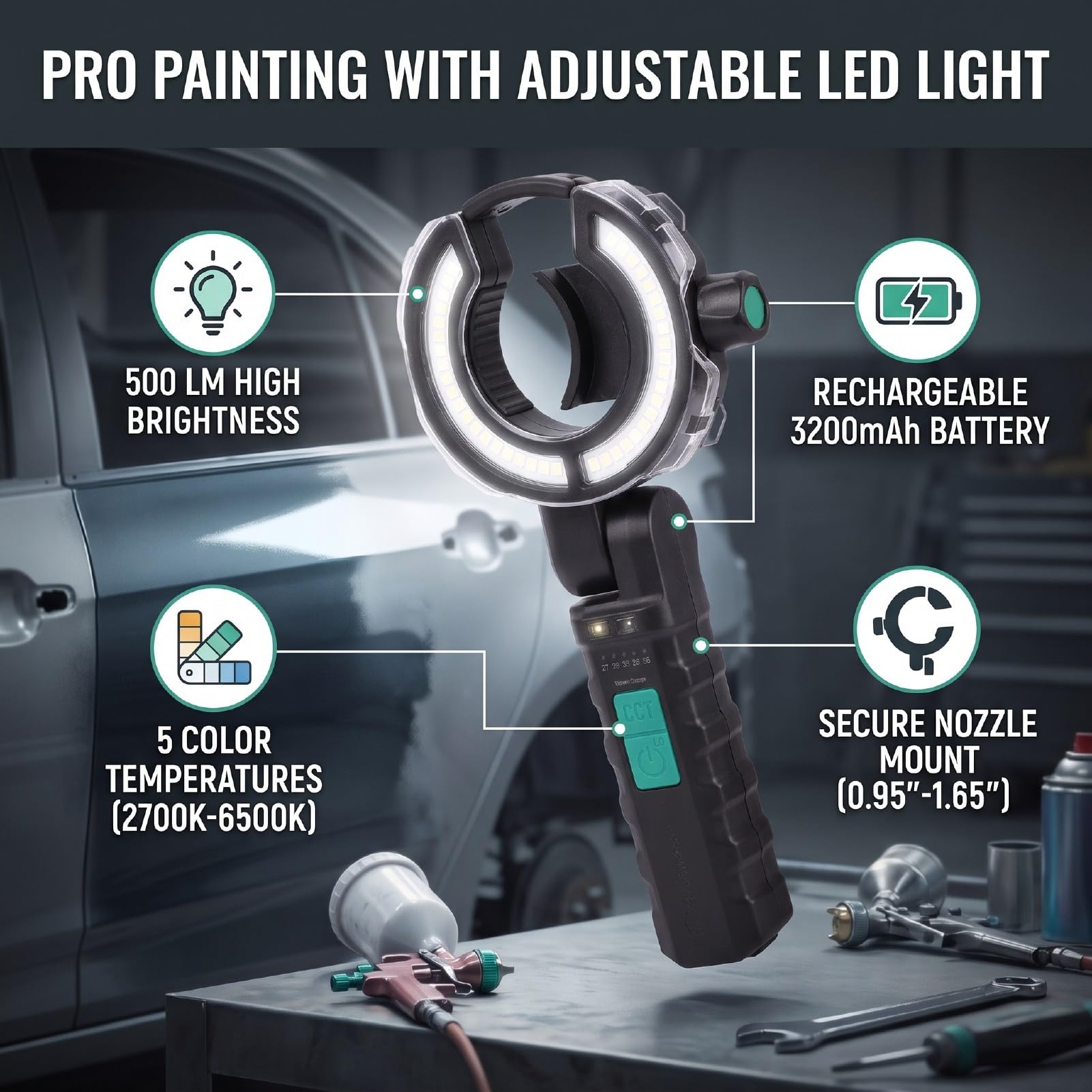 Luz de Pistola de Pintura, Lámpara de Pulverización LED de 500 LM | Luz de Trabajo con Carcasa de Aluminio, 2700K a 6500K y 250 500 LM, Recargable por USB C de 3200 MAh, Se Adapta a Boquilla