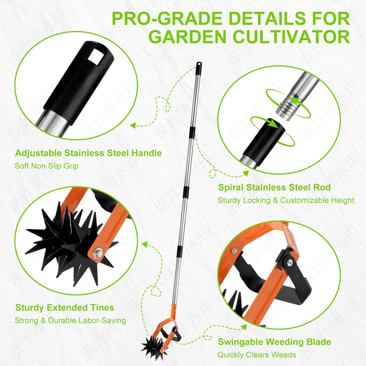 Rotary Cultivator - 43"-72" 4-Piece Threaded Stainless Steel Handle, 6" Hardened Steel Tines, for Lawn Aeration, Soil Loosening & Grass Reseeding