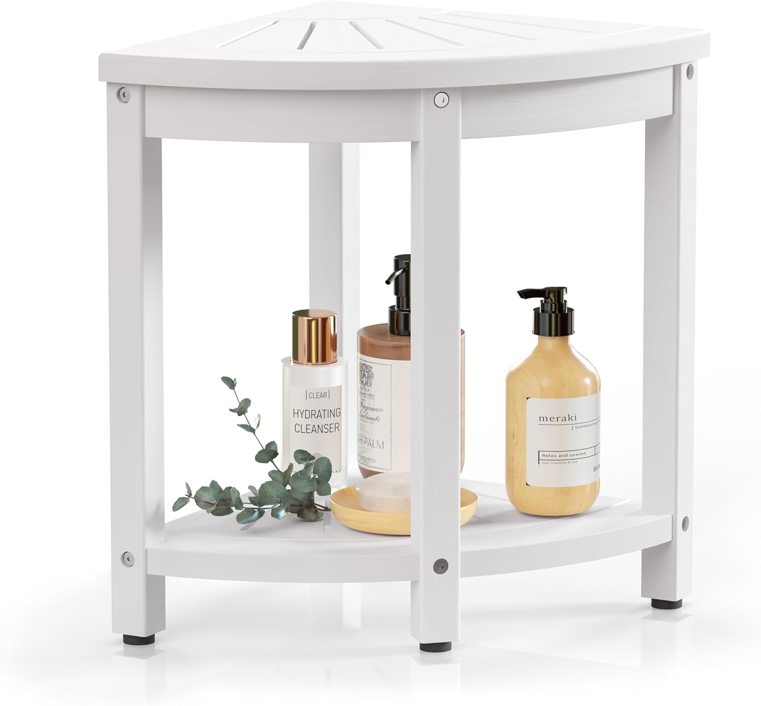 corner shower stool for inside shower waterproof, hips poly lumber shower bench seat chair, bath shower stool for shaving legs foot rest with adjustable & non-slip feet, load 400 lbs, white