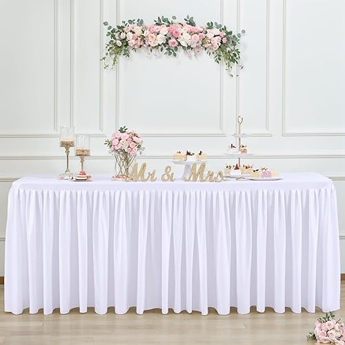 Suppromo Mantel blanco de 6 pies con falda de mesa para mesas rectangulares, mantel elástico de 3 caras con volantes blancos para fiesta de