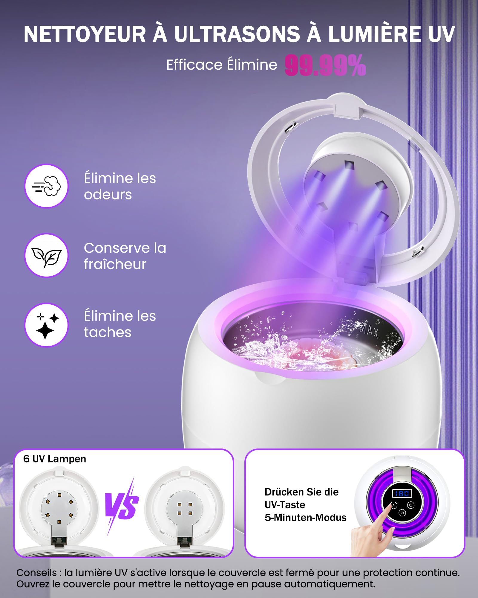 LONGYI Nettoyeur Ultrasons 45KHZ 6 Lampes UV Batterie intégrée 4 Réglages Minuterie 210ML Dental Pod UDC-80