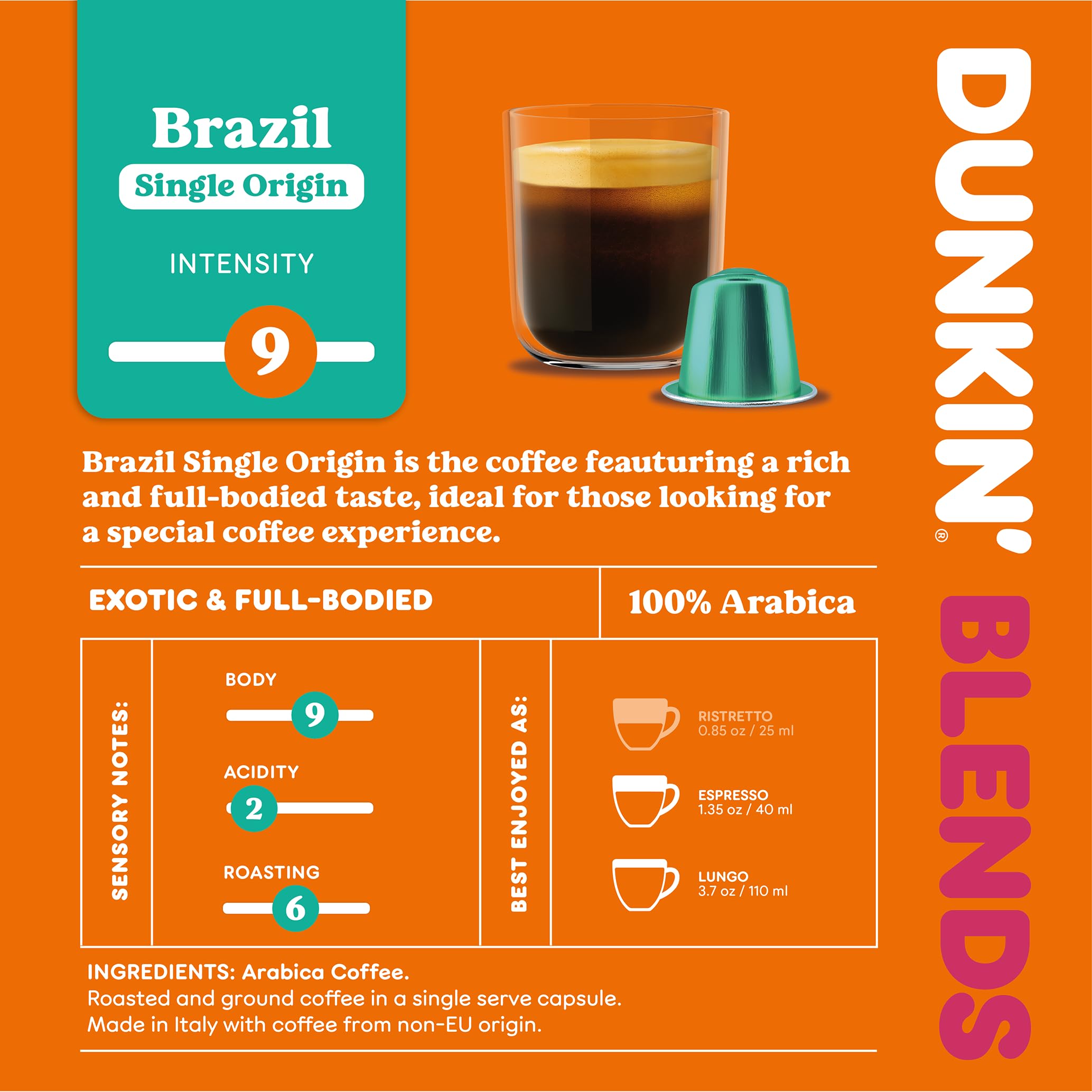 Dunkin’ Donuts Brazil Single Origin – 100 kapsułek kawy kompatybilnych z Nespresso – 100% Arabica – Łagodne palenie o brazylijskim charakterze – Aromatyczna, pełna i wyjątkowa kawa