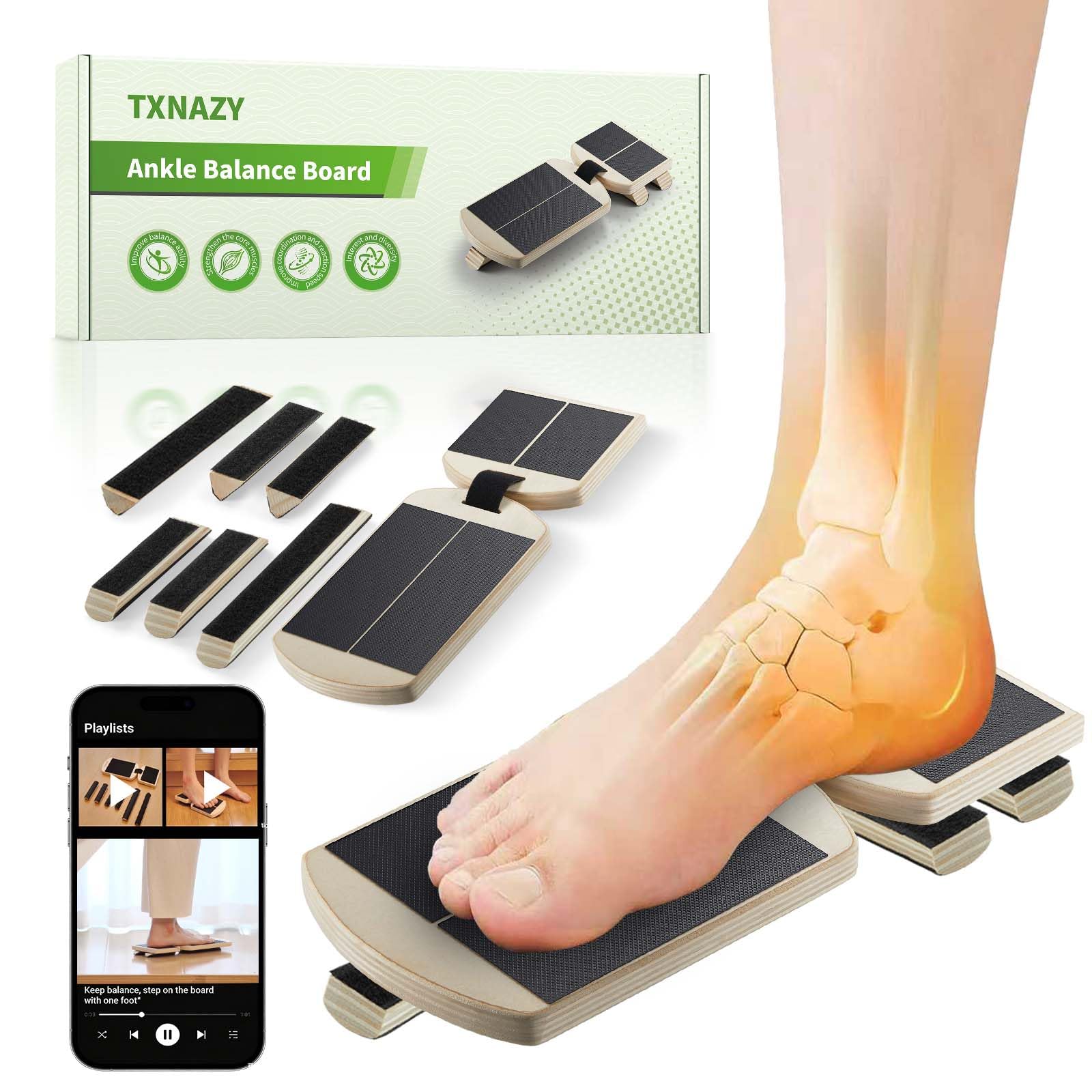 Ankle Balance Board Foot Strengthener with Adjustable Shape Balance Rods for Enhancing Ankle Strength, Posture Correction, and Stability Training (Natural Wood)