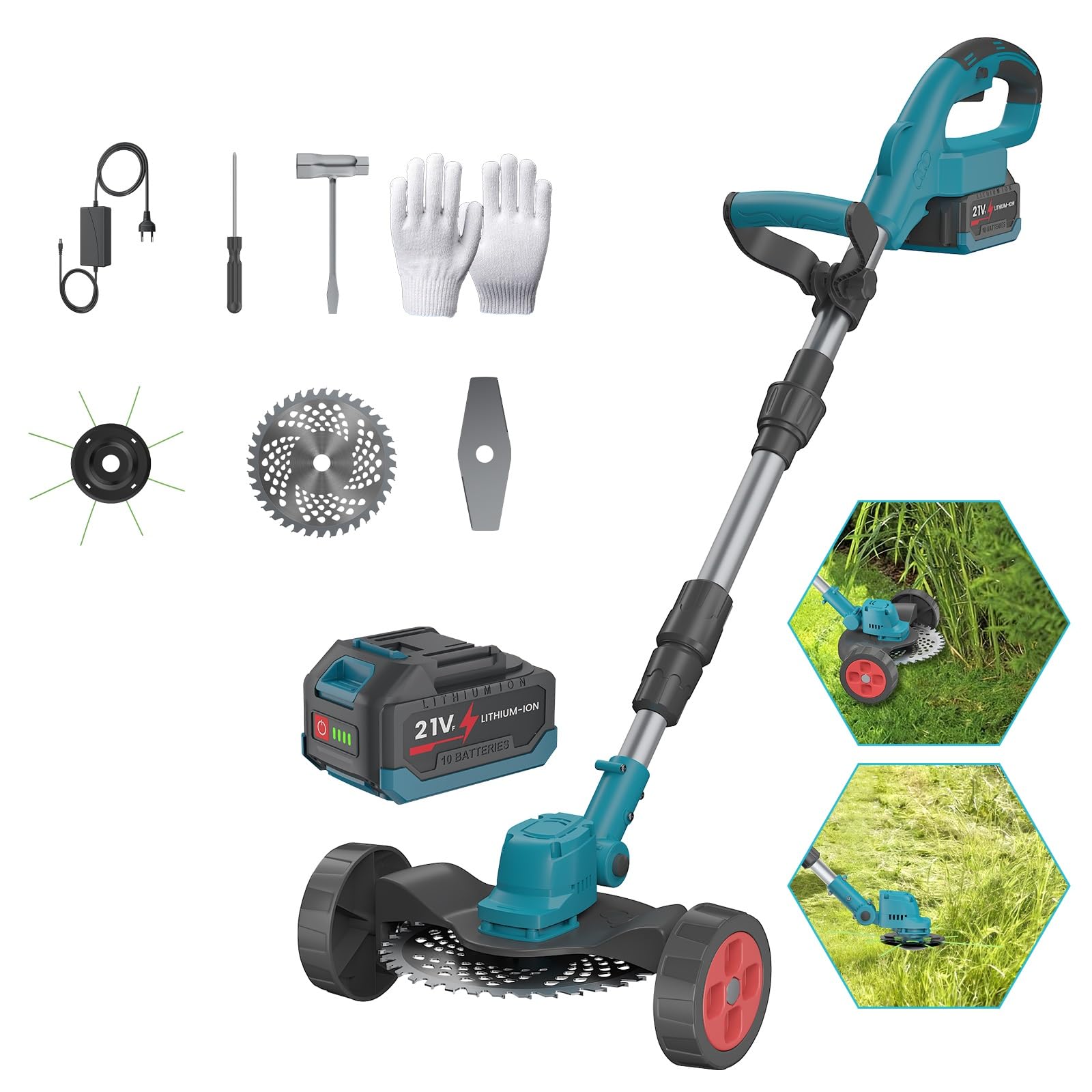 Desbrozadora Eléctrica Inalámbrica Escobillas Corte Borde con 1 Batería (Azul) | Cabezal ajustable, mango telescópico 100-135 cm, 2 tipos de hojas eficaces para jardín y césped fácil